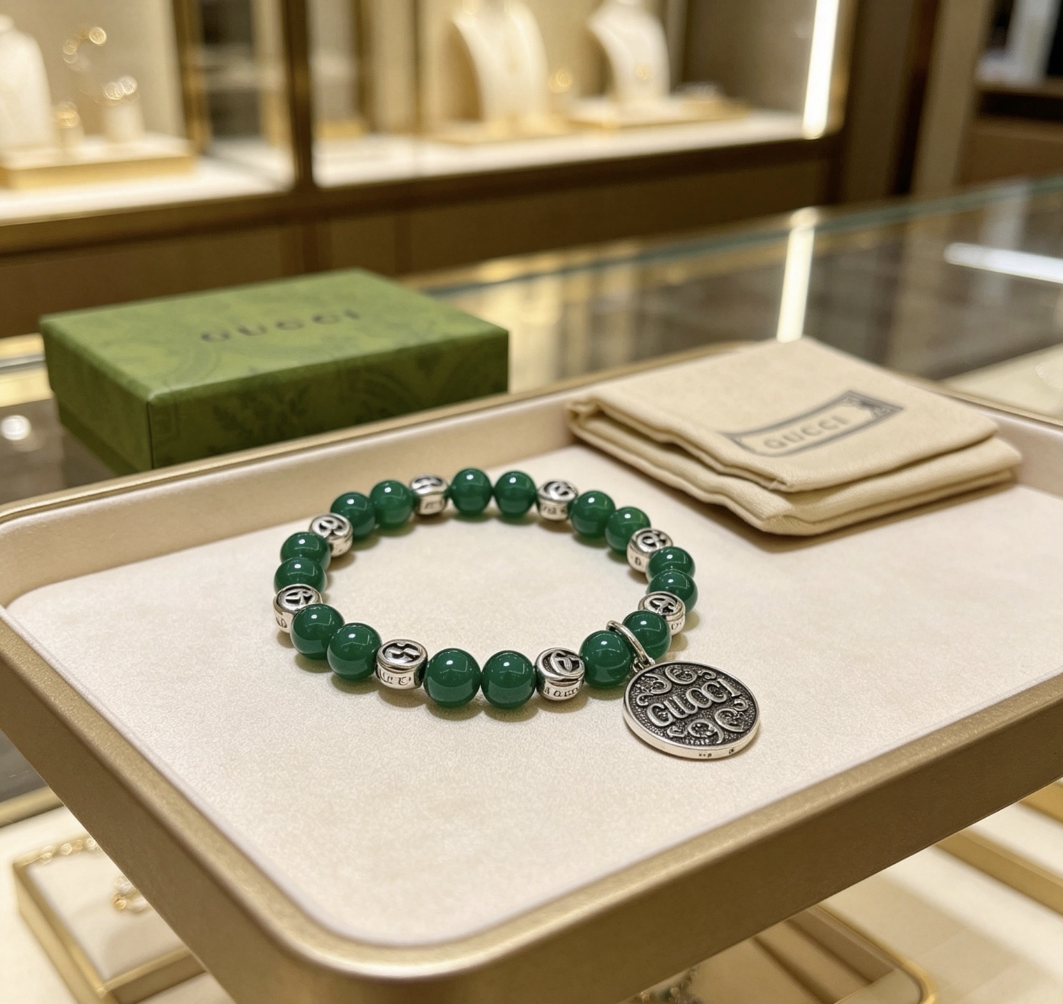 Gucci Anger Forest bracelet antique silver metal deep green stone beads 18cm