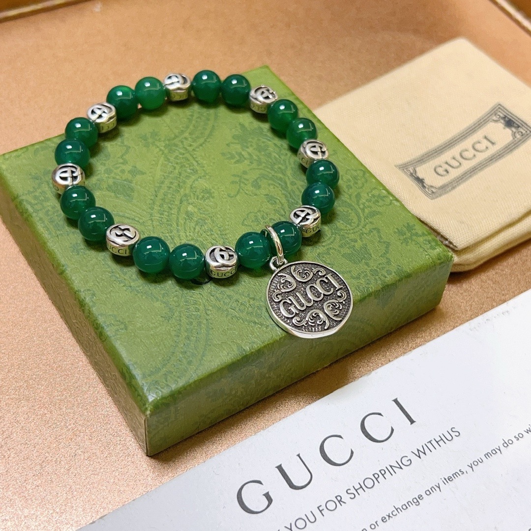Gucci Anger Forest bracelet antique silver metal deep green stone beads 18cm