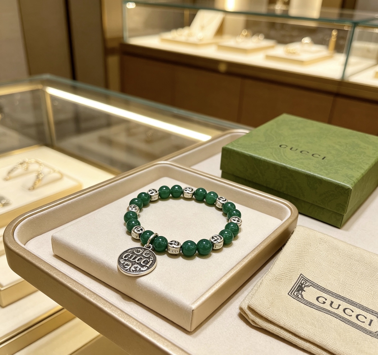 Gucci Anger Forest bracelet antique silver metal deep green stone beads 18cm