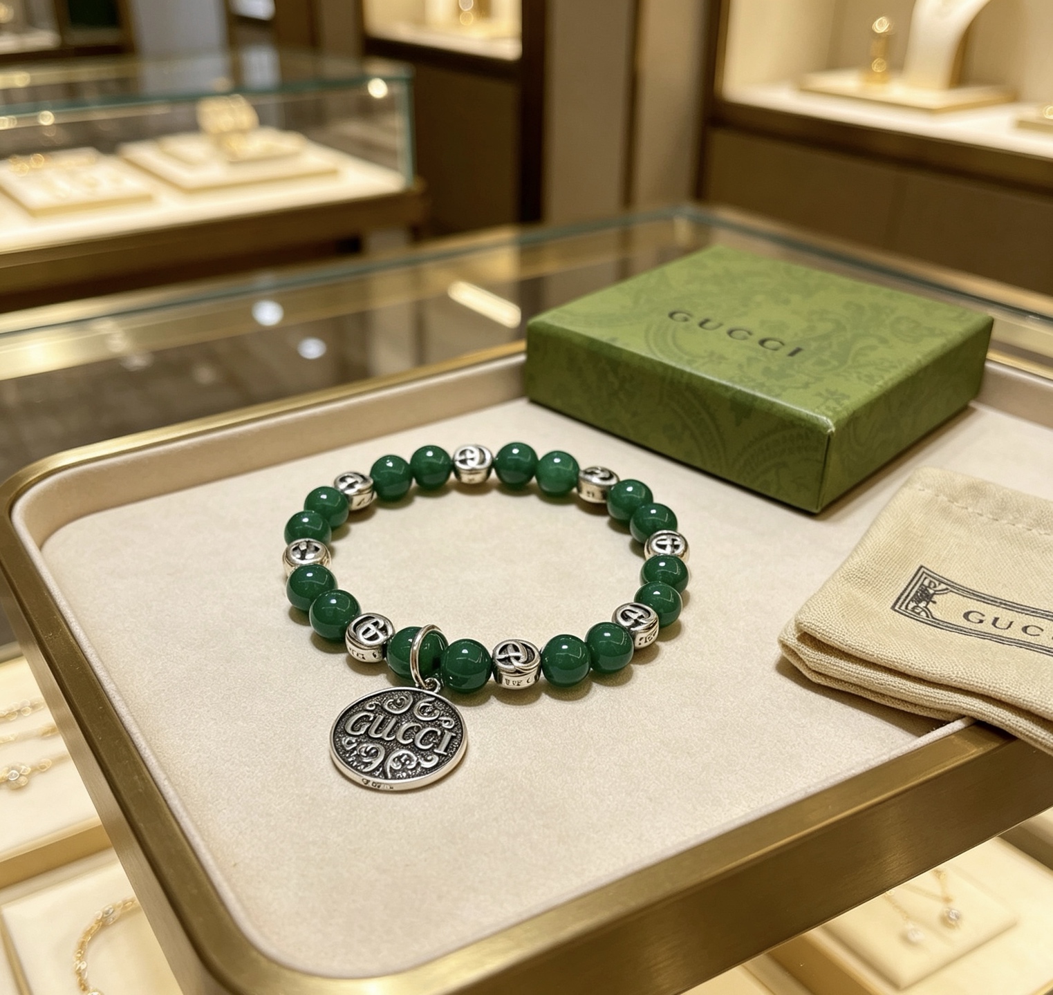 Gucci Anger Forest bracelet antique silver metal deep green stone beads 18cm