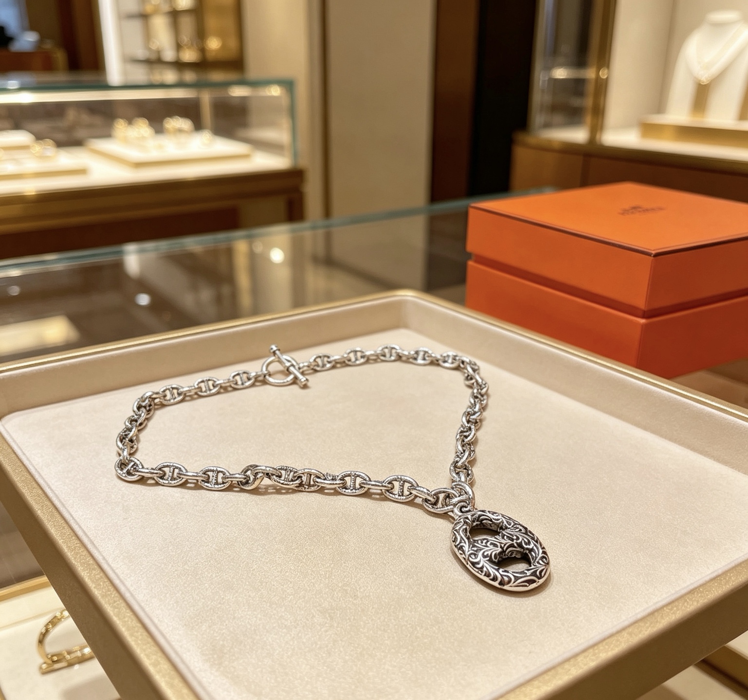 Collana Hermes Farandole Chaine d'Ancre con pendente inciso Metallo argentato antico con dettagli incisi ossidati neri 50 cm