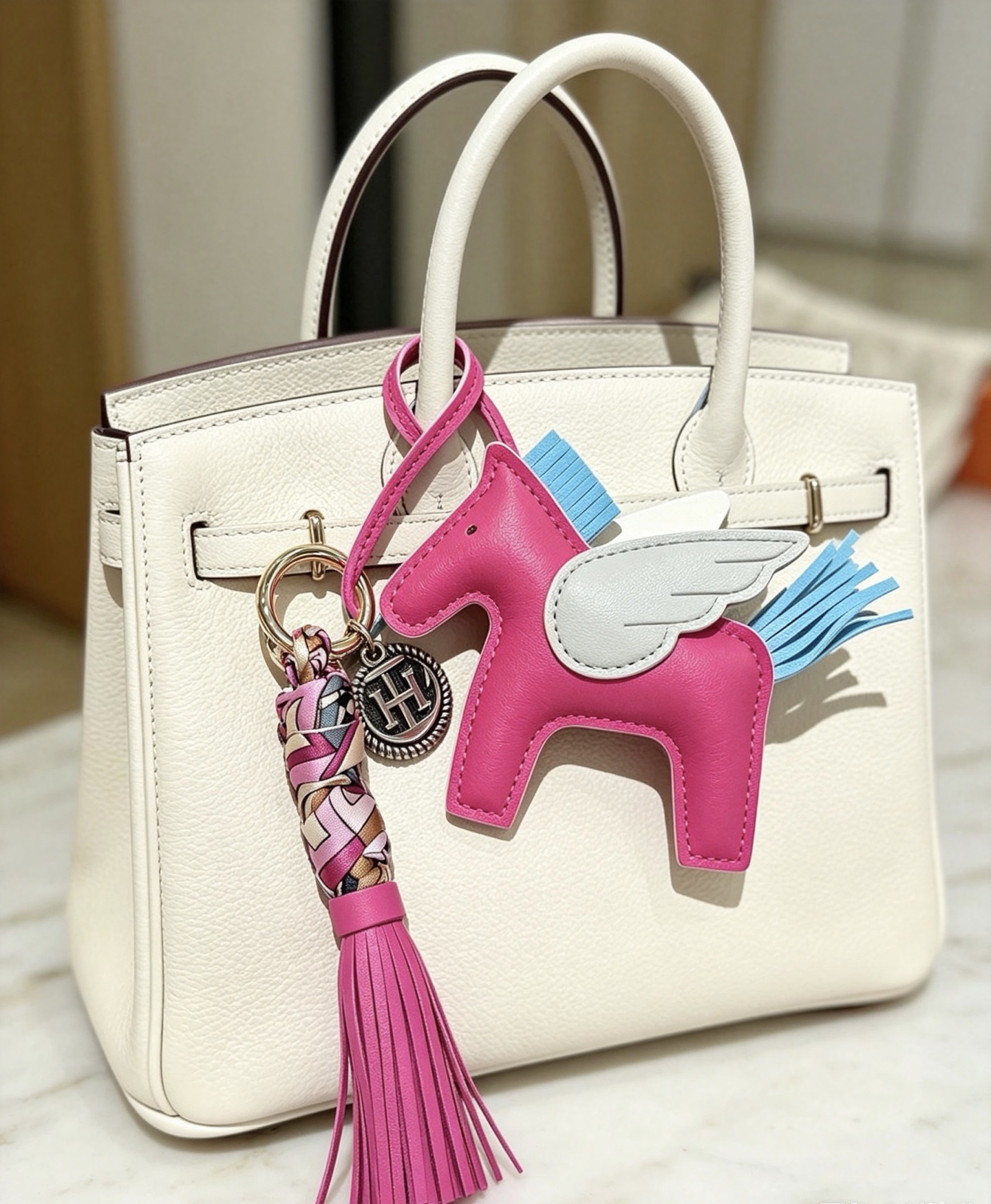Hermes Rodeo Pegase bolso con borlas colgante con dije de cuero blanco, azul claro, rosa intenso, con herrajes de metal en tono dorado y trenza de seda multicolor, longitud total del dije de 12 cm