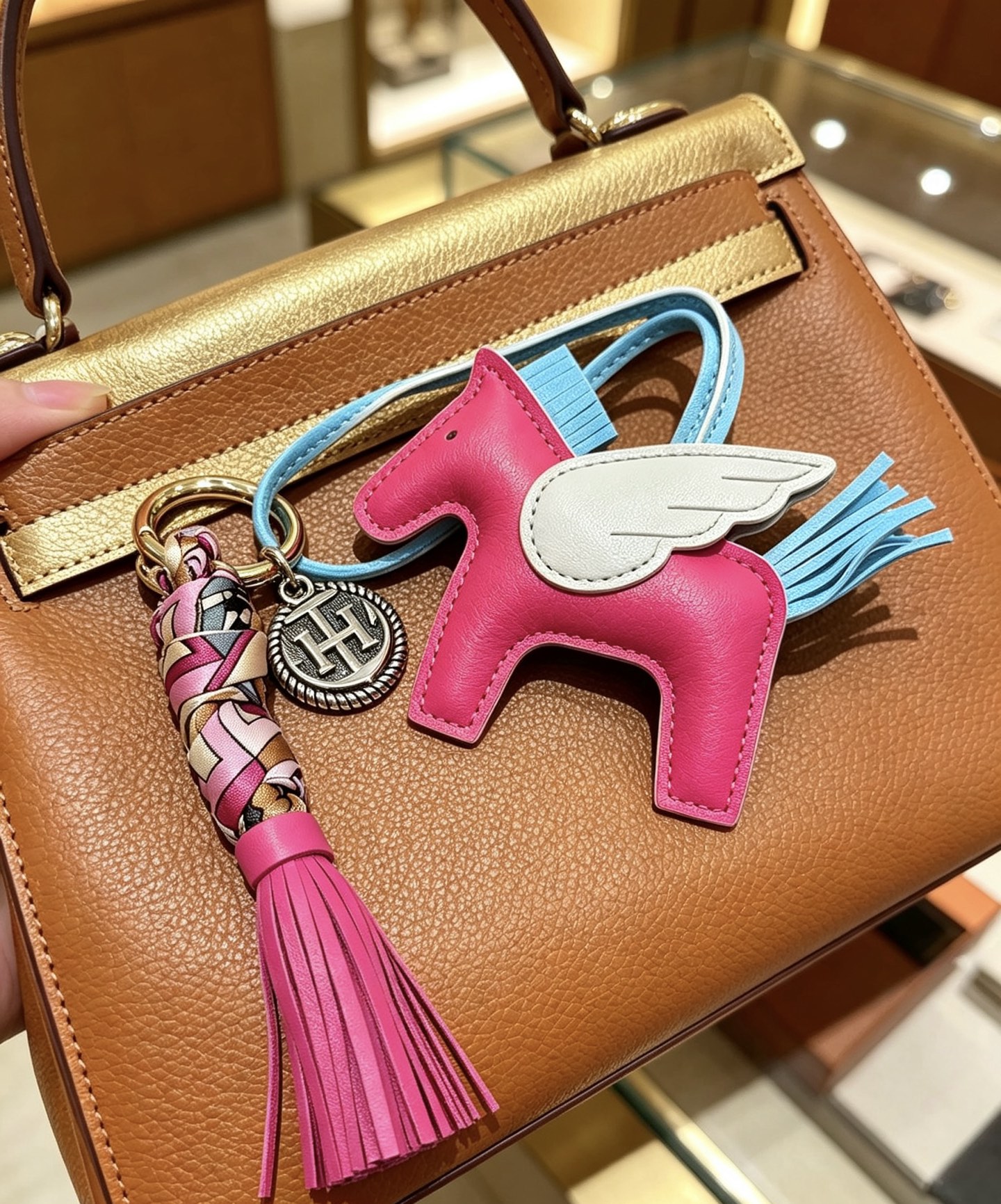 Hermes Rodeo Pegase bolso con borlas colgante con dije de cuero blanco, azul claro, rosa intenso, con herrajes de metal en tono dorado y trenza de seda multicolor, longitud total del dije de 12 cm