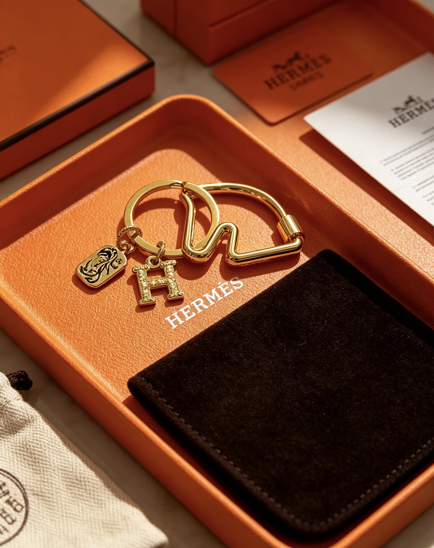 Hermes Olympia H Charm Key Ring pendant gold-tone metal with clear crystal pave H charm and black enamel horse motif charm 3 5cm ring diameter