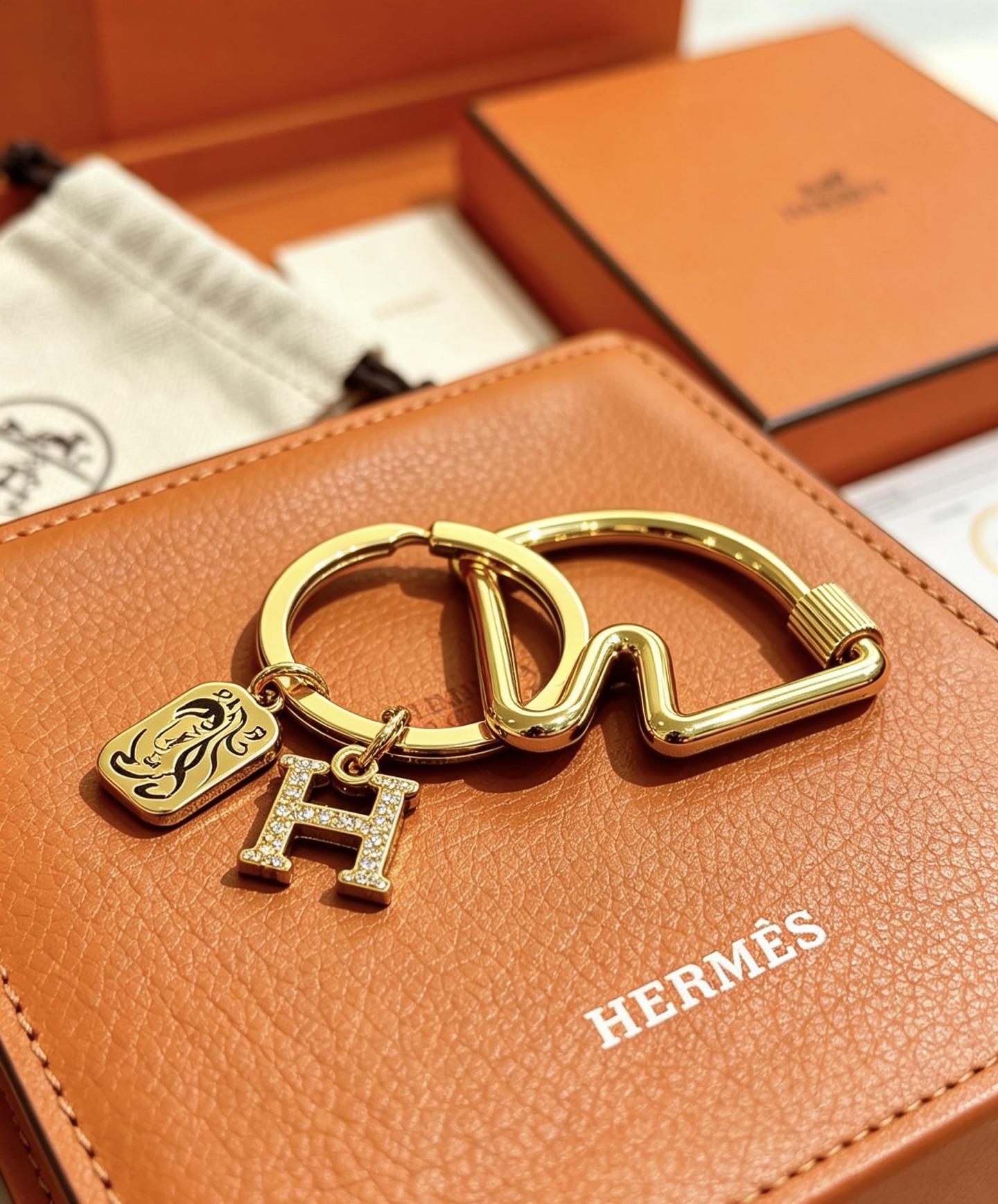 Hermes Olympia H Charm Key Ring pendant gold-tone metal with clear crystal pave H charm and black enamel horse motif charm 3 5cm ring diameter