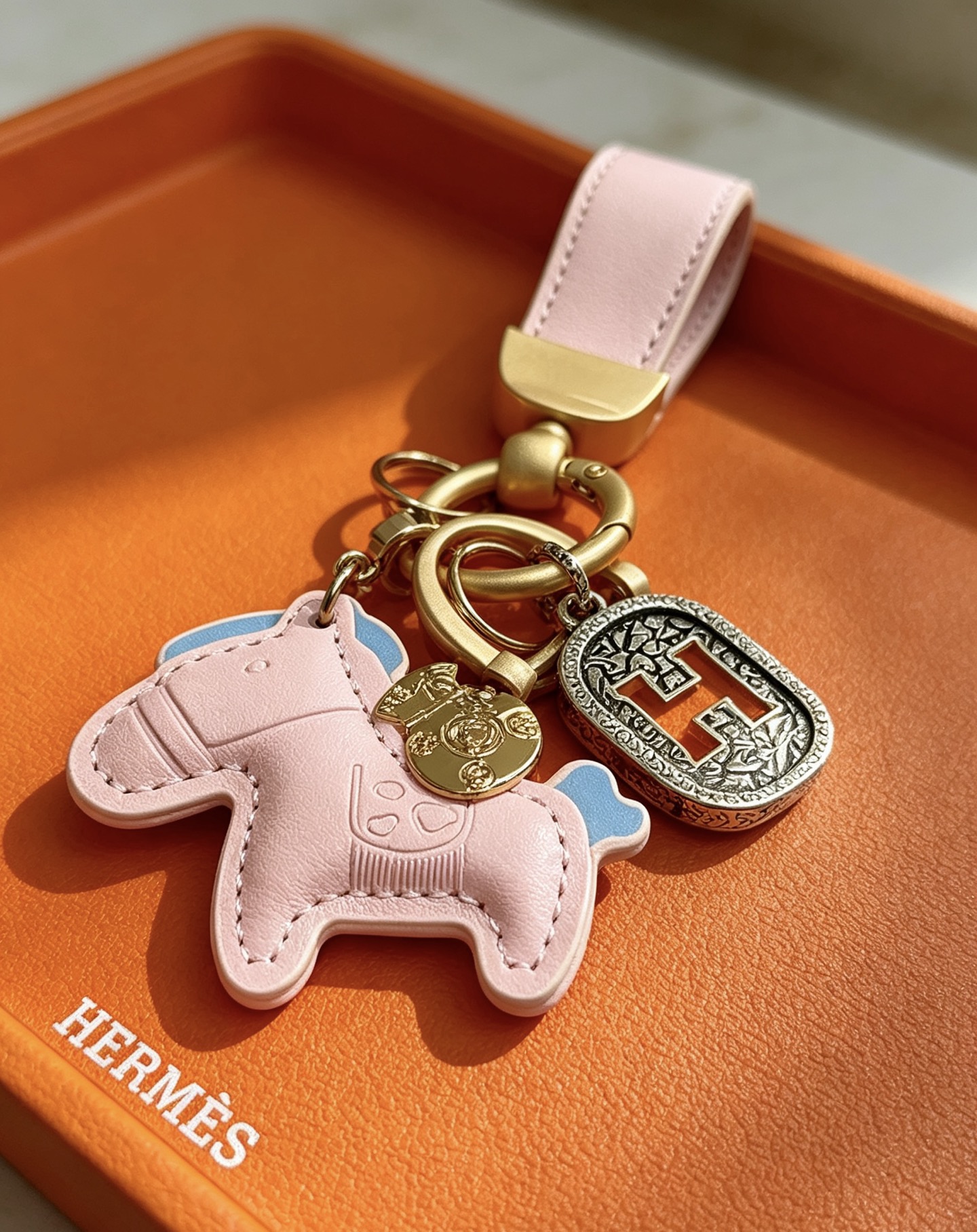 Ciondolo Hermes Rodeo Horse H Logo Key Charm Pelle rosa con accenti azzurri color oro e metallo argentato antico dettaglio H smaltato arancione 10 cm di lunghezza totale