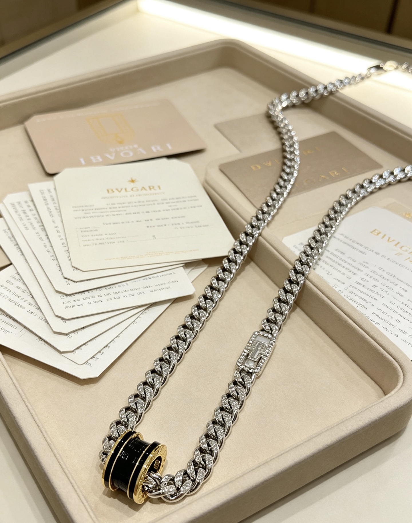 Bvlgari B zero1 necklace 18K white gold 18K yellow gold black ceramic pave set clear diamonds 60cm