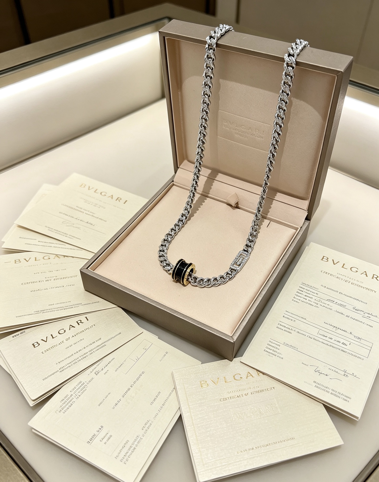 Bvlgari B zero1 necklace 18K white gold 18K yellow gold black ceramic pave set clear diamonds 60cm