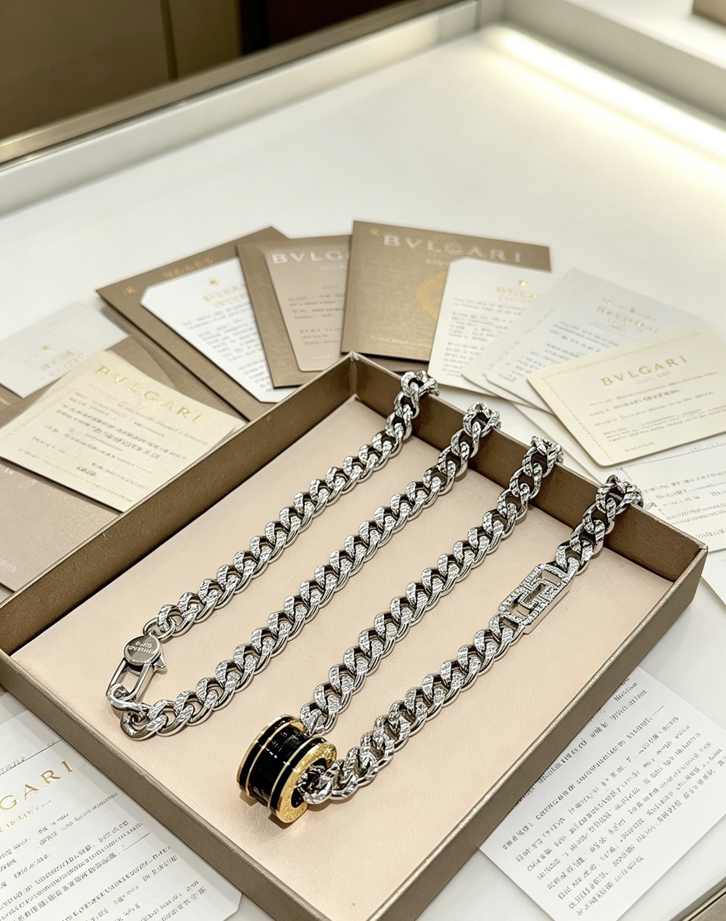 Bvlgari B zero1 necklace 18K white gold 18K yellow gold black ceramic pave set clear diamonds 60cm