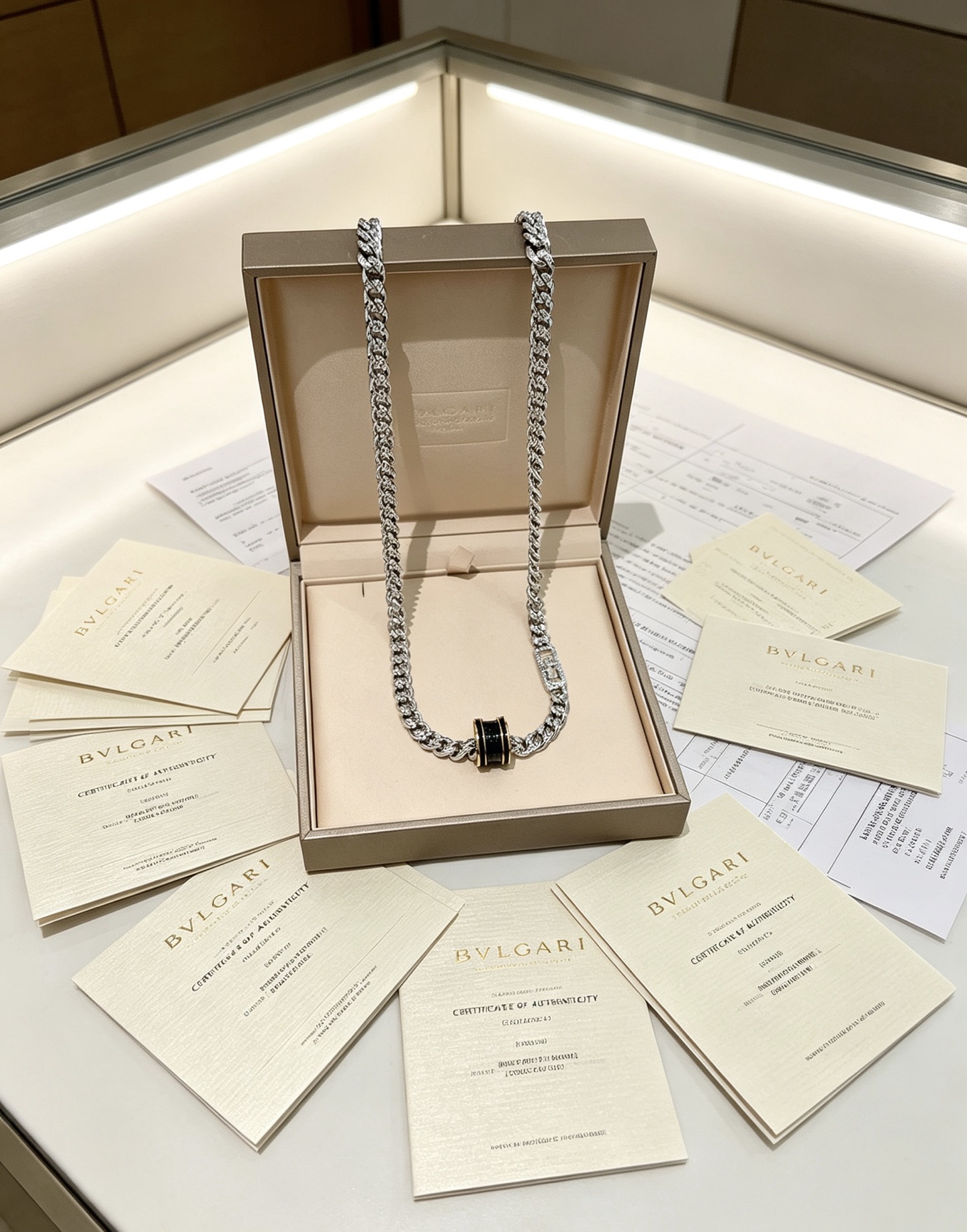 Bvlgari B zero1 necklace 18K white gold 18K yellow gold black ceramic pave set clear diamonds 60cm
