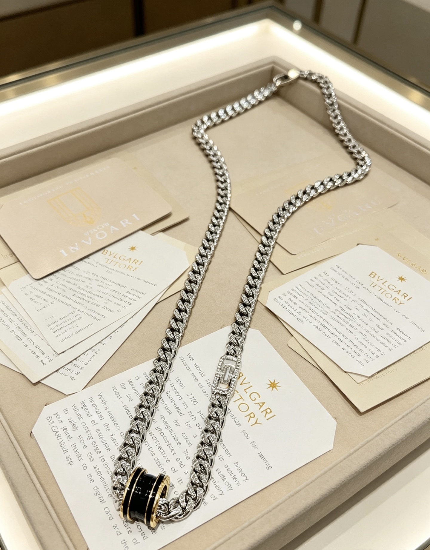 Bvlgari B zero1 necklace 18K white gold 18K yellow gold black ceramic pave set clear diamonds 60cm
