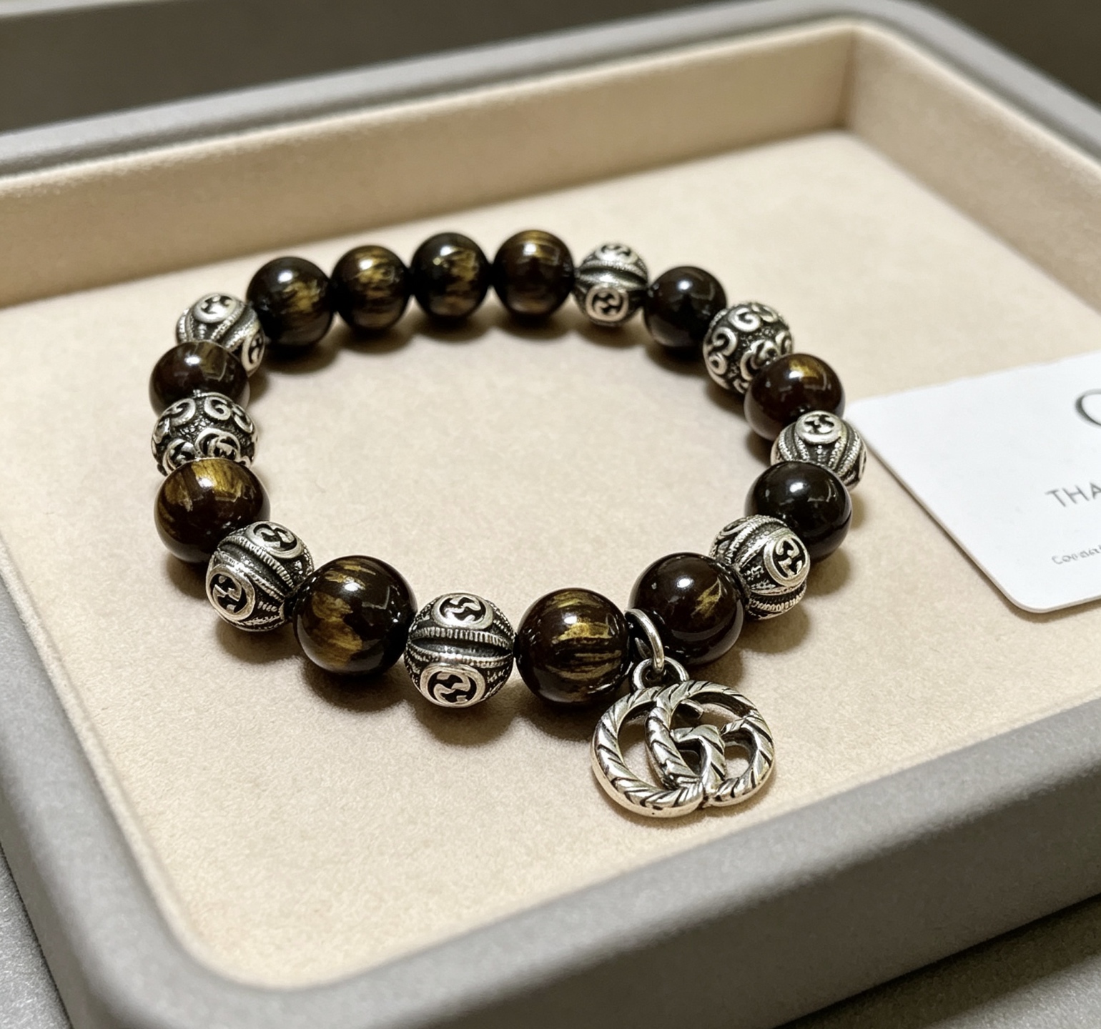 Gucci Anger Forest bracelet Antique silver metal with dark brown tiger s eye beads 18cm