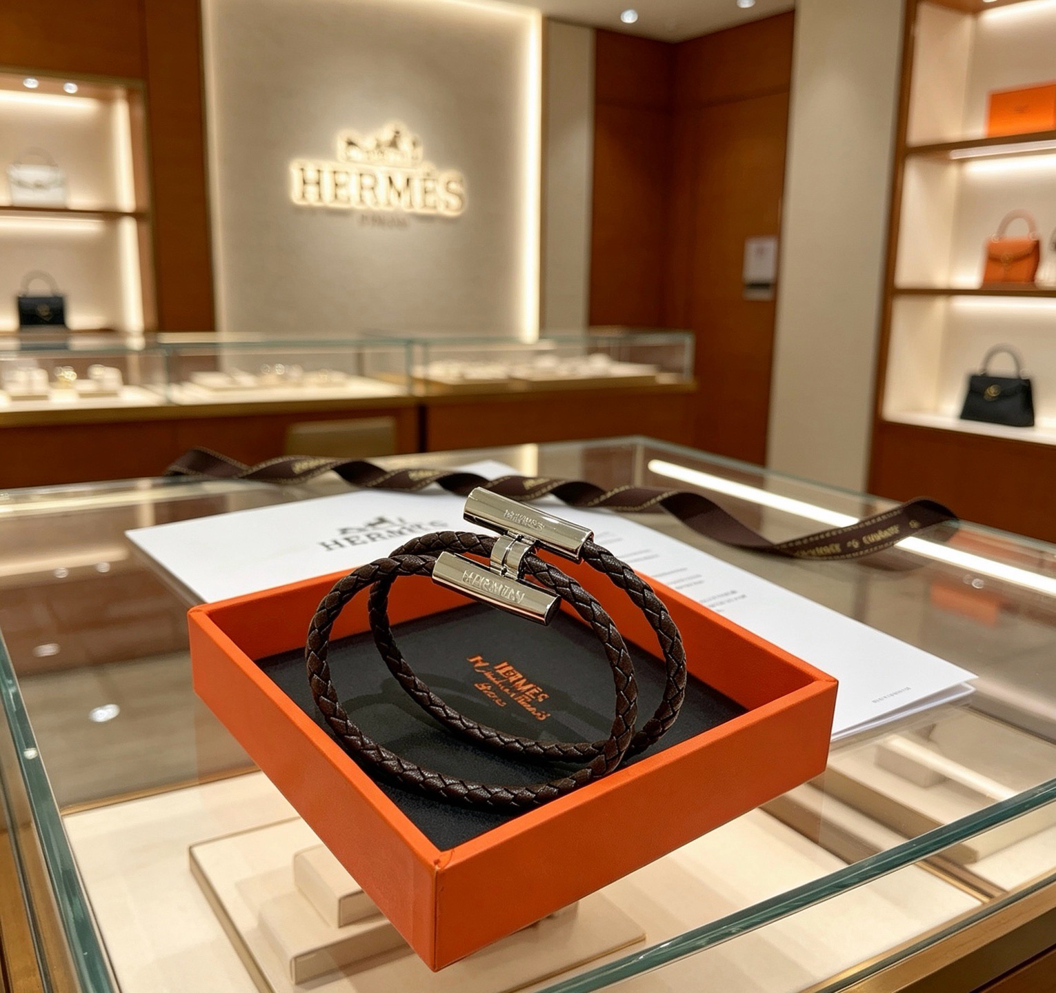 Pulsera Hermes Tournis Tresse de cuero trenzado marrón oscuro con herrajes de metal plateado paladio de 19 cm