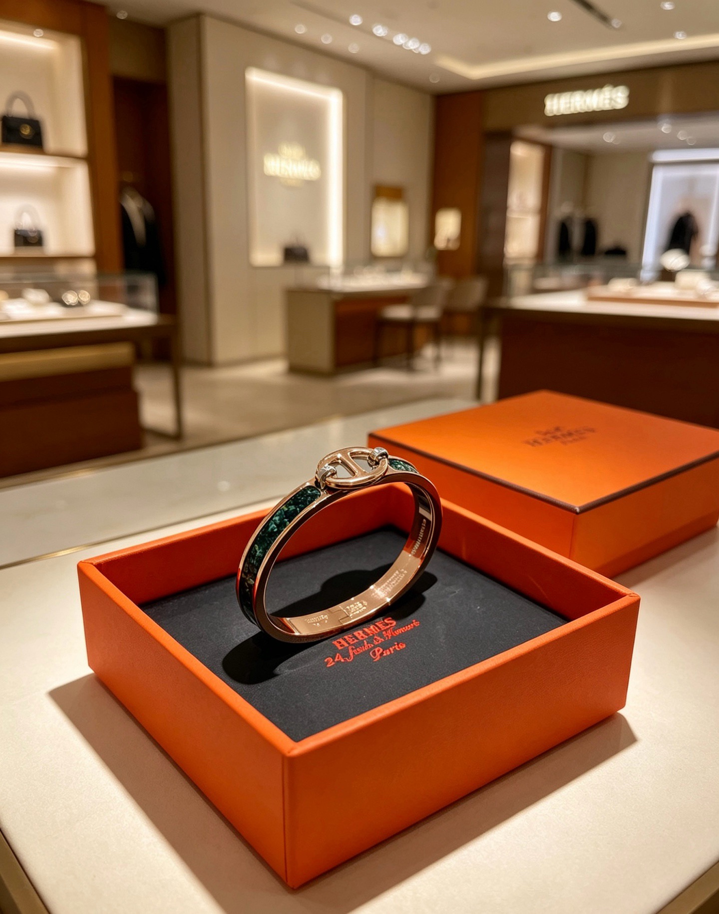 Bracciale Hermes Clic Chaine d'Ancre in metallo color oro rosa con inserto in malachite verde scuro, circonferenza interna di 17 cm