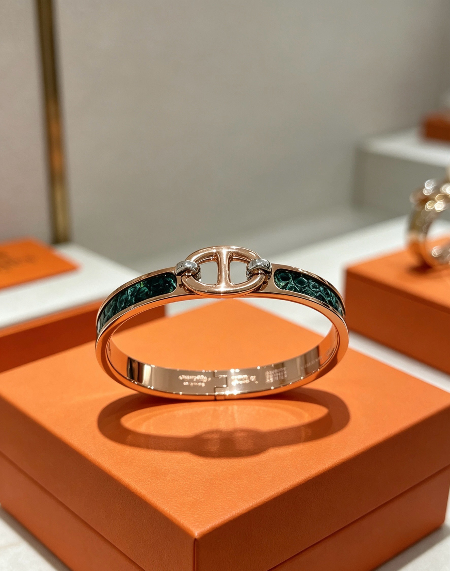 Bracciale Hermes Clic Chaine d'Ancre in metallo color oro rosa con inserto in malachite verde scuro, circonferenza interna di 17 cm