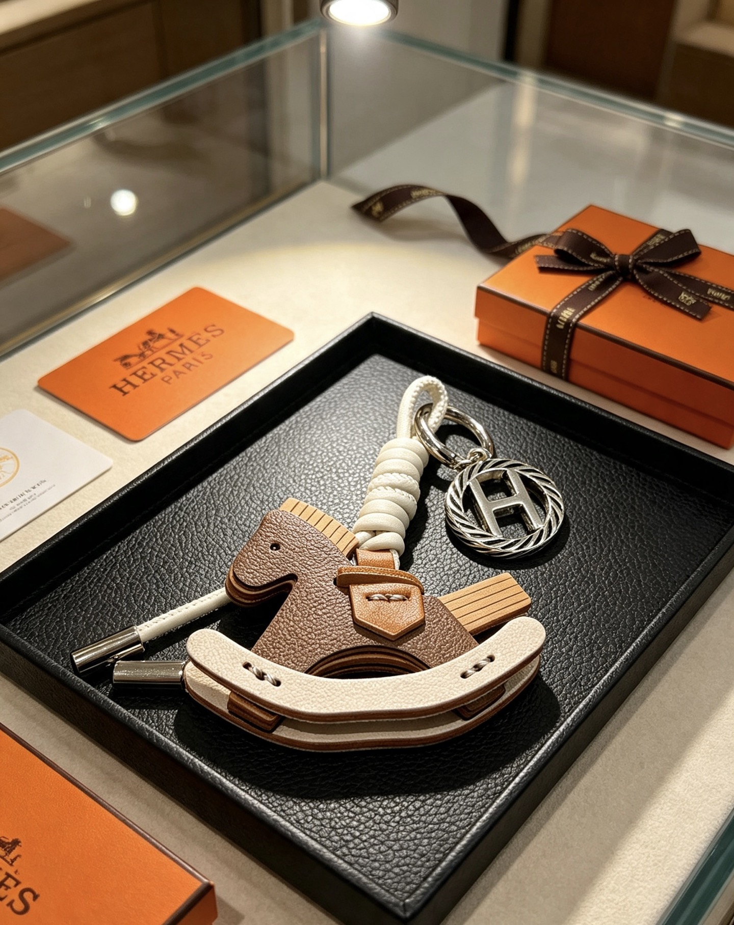 Hermes Rocking Horse H Logo Key Charm pendentif Argent palladium matériel cuir grainé marron cuir blanc crème accents de cuir beige 8 cm longueur totale de la breloque