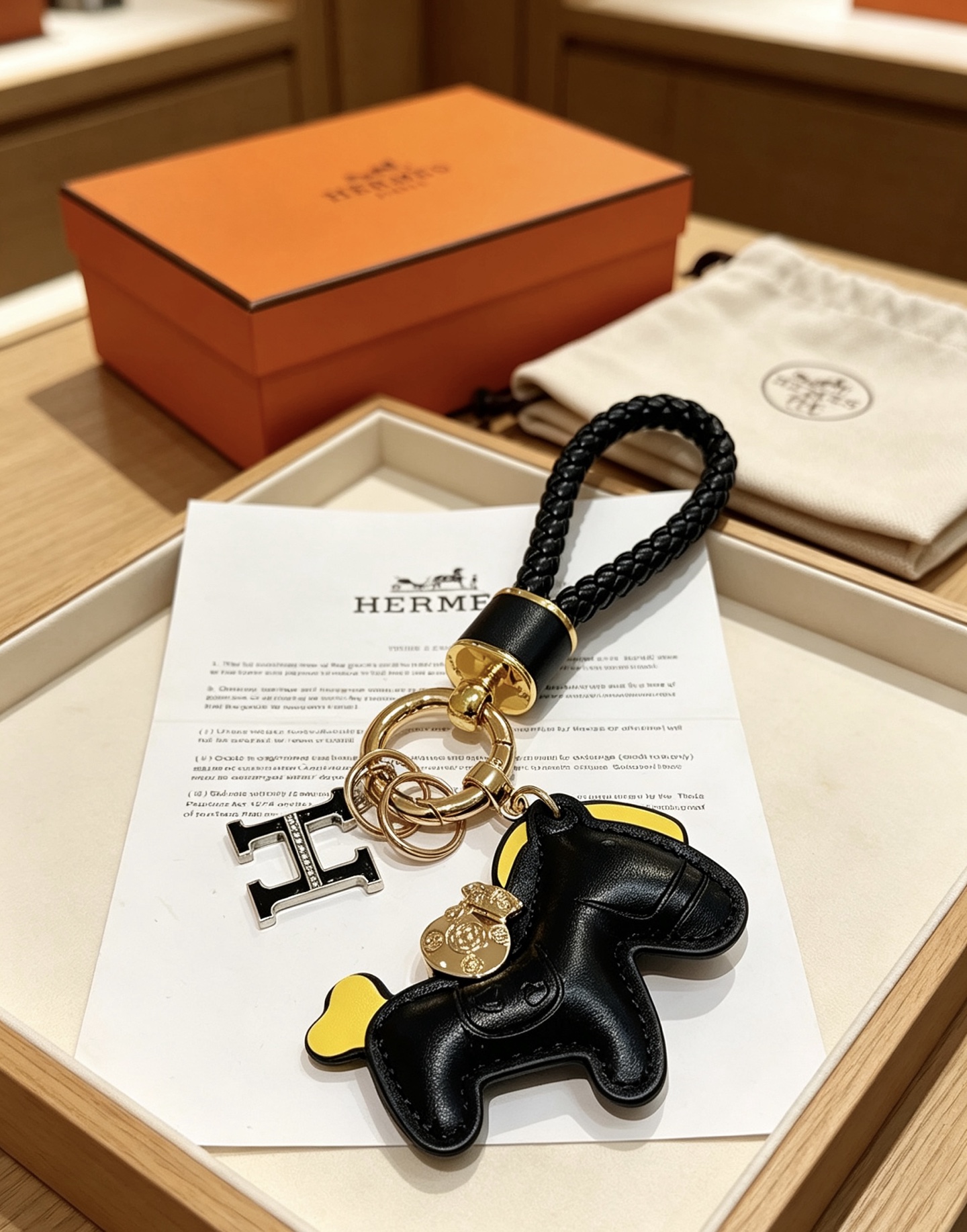 Hermes Rodeo Pony H Logo portachiavi intrecciato ciondolo in pelle nera accento giallo metallo color oro smalto nero ciondolo H 12 cm lunghezza totale
