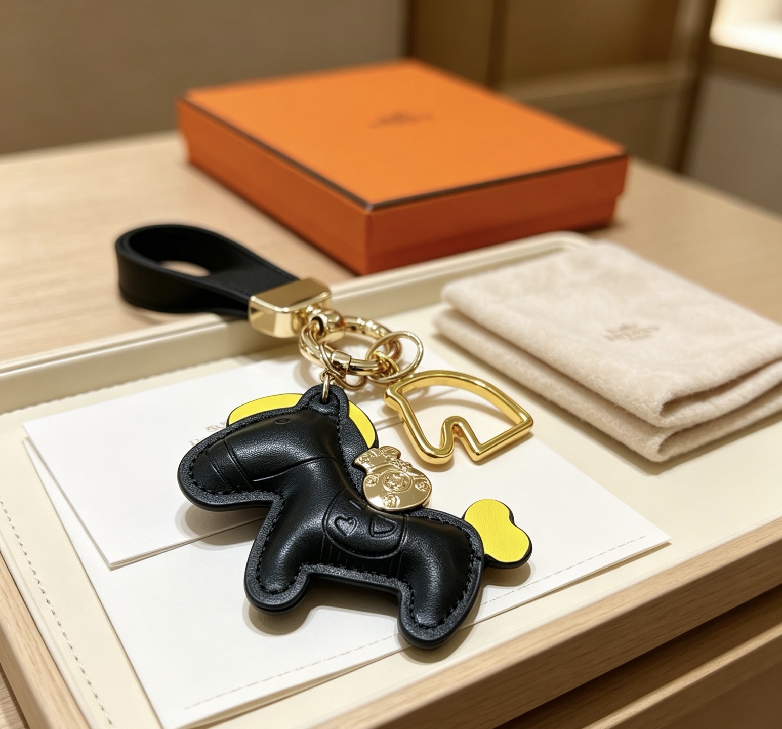 Hermes Rodeo Horse Money Bag Charm Portachiavi Ciondolo Pelle nera con accenti gialli Hardware in metallo color oro Lunghezza totale 12 cm