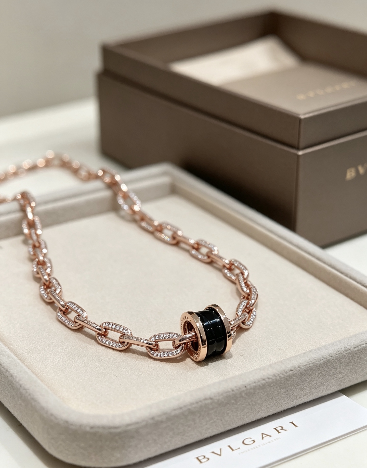 Bvlgari B zero1 necklace Rose gold with clear pave diamonds black ceramic and blue ceramic variant 60