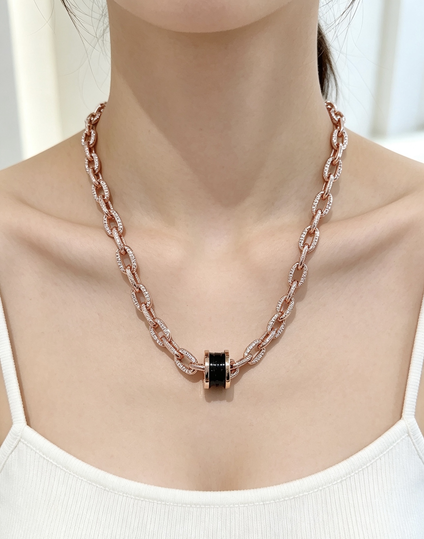 Bvlgari B zero1 necklace Rose gold with clear pave diamonds black ceramic and blue ceramic variant 60