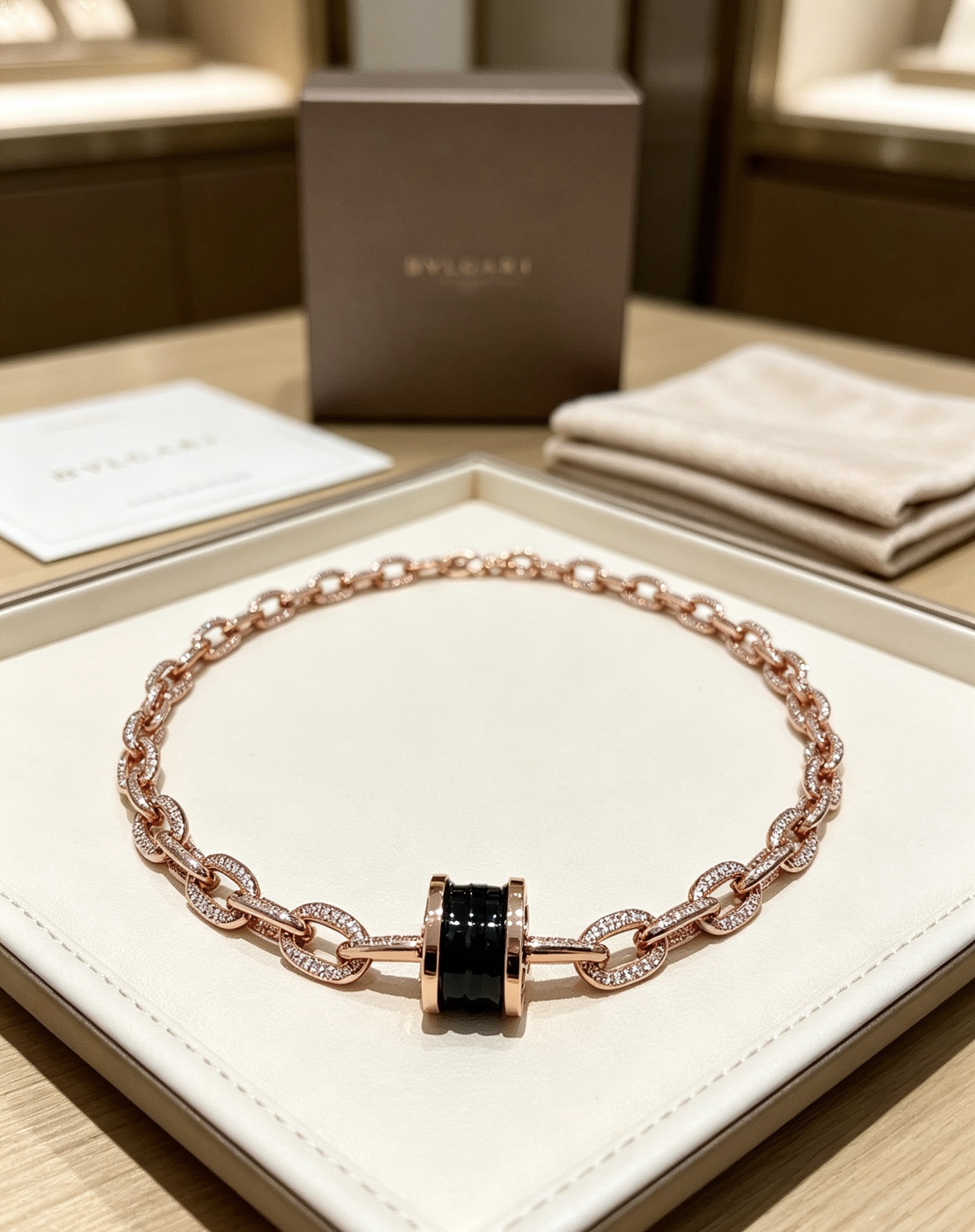 Bvlgari B zero1 necklace Rose gold with clear pave diamonds black ceramic and blue ceramic variant 60