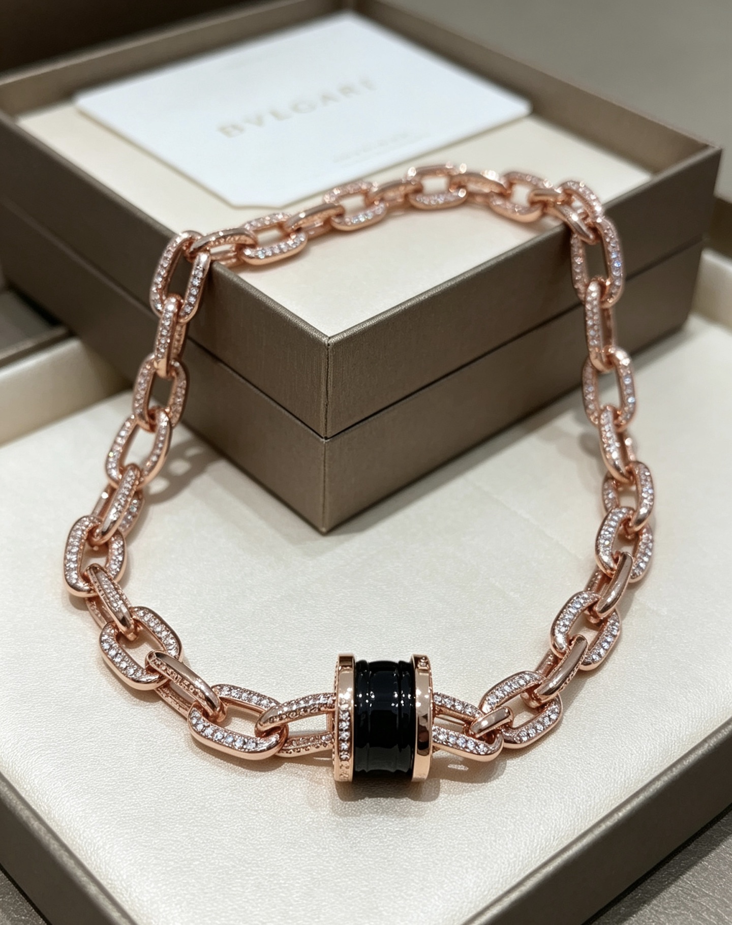 Bvlgari B zero1 necklace Rose gold with clear pave diamonds black ceramic and blue ceramic variant 60