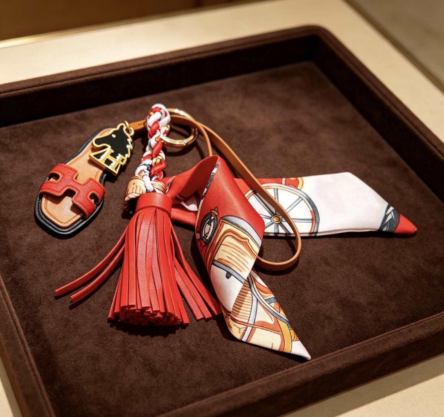 Hermes Oran Sandal Tassel Twilly Bag Charm pendentif Métal doré cuir beige cuir rouge émail noir blanc rouge soie imprimée multicolore 12 cm longueur totale