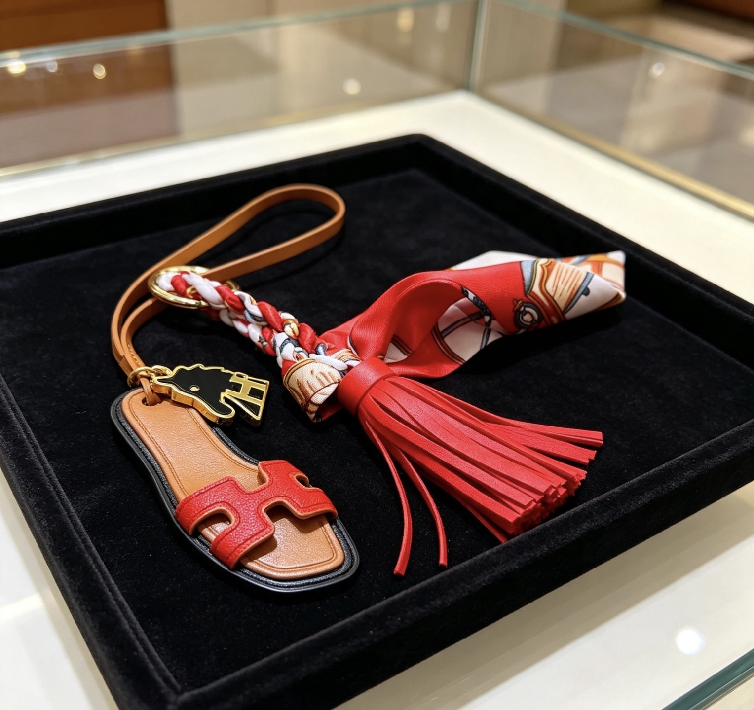 Hermes Oran Sandal Tassel Twilly Bag Charm pendentif Métal doré cuir beige cuir rouge émail noir blanc rouge soie imprimée multicolore 12 cm longueur totale