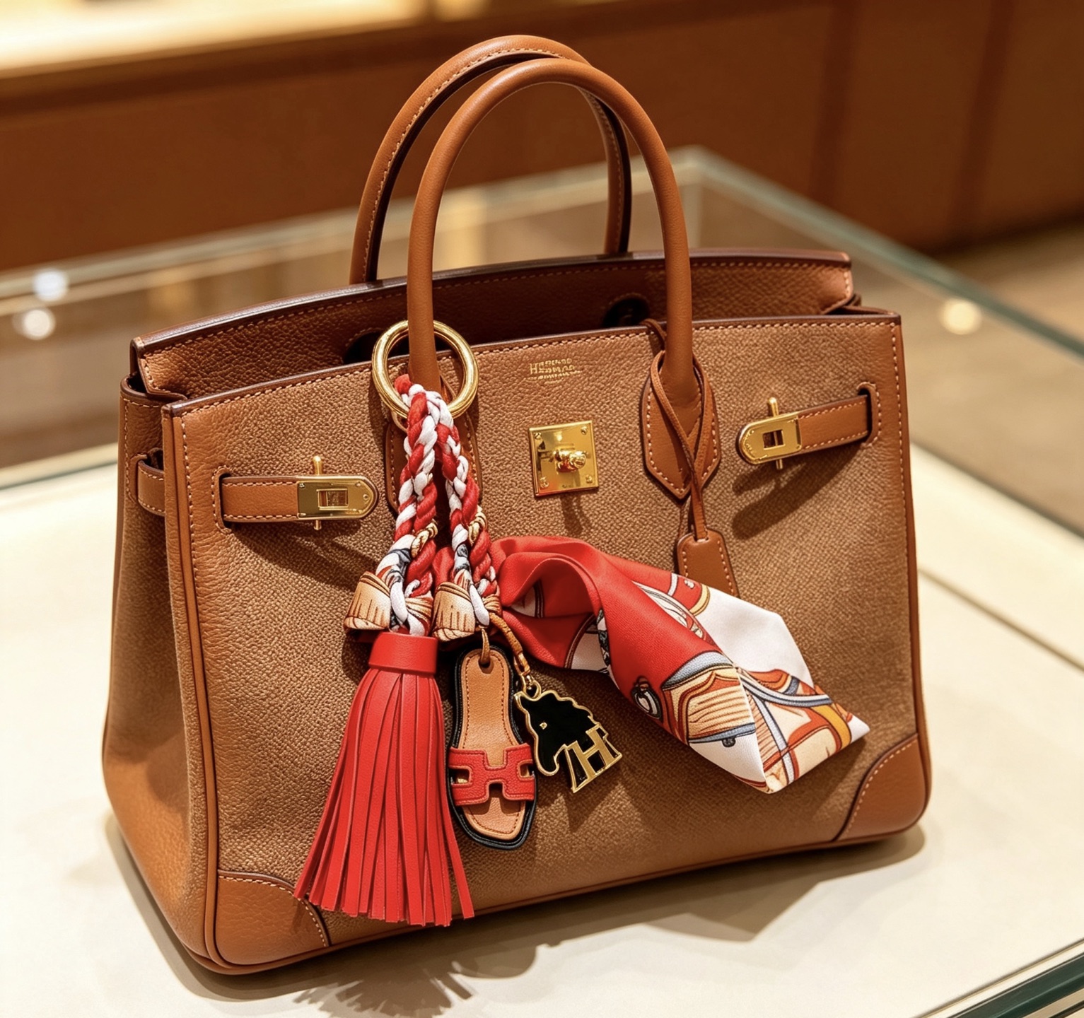 Hermes Oran Sandal Tassel Twilly Bag Charm pendentif Métal doré cuir beige cuir rouge émail noir blanc rouge soie imprimée multicolore 12 cm longueur totale