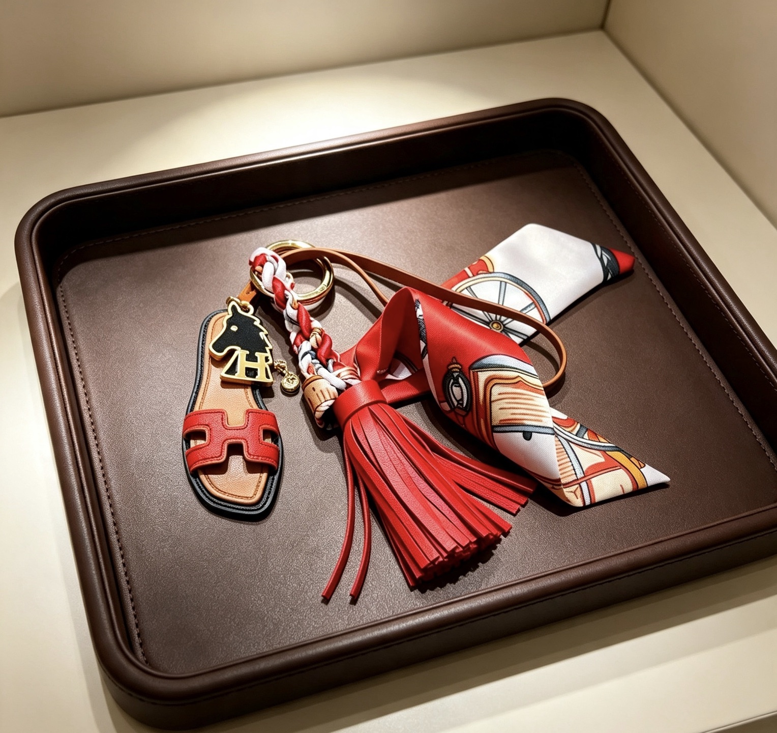 Hermes Oran Sandal Tassel Twilly Bag Charm pendentif Métal doré cuir beige cuir rouge émail noir blanc rouge soie imprimée multicolore 12 cm longueur totale