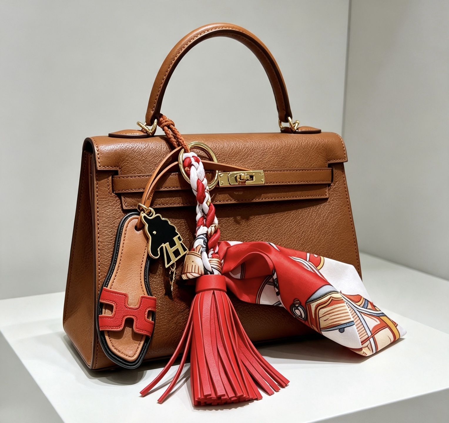 Hermes Oran Sandal Tassel Twilly Bag Charm pendentif Métal doré cuir beige cuir rouge émail noir blanc rouge soie imprimée multicolore 12 cm longueur totale