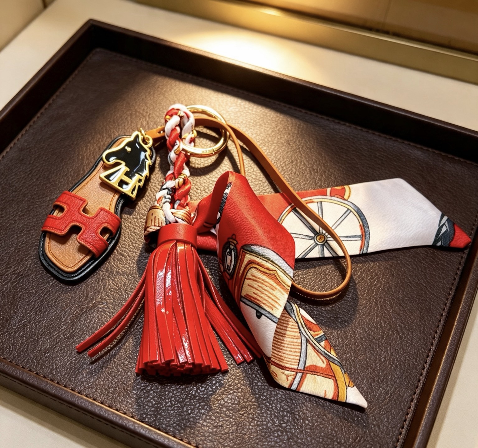 Hermes Oran Sandal Tassel Twilly Bag Charm pendentif Métal doré cuir beige cuir rouge émail noir blanc rouge soie imprimée multicolore 12 cm longueur totale