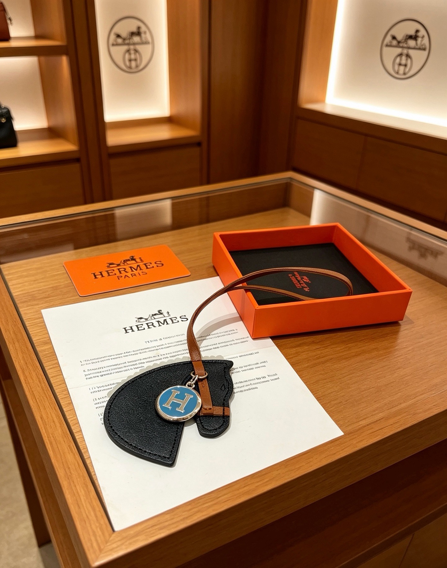 Ciondolo per borsa Hermes Cheval con testa di cavallo con pendente a medaglione con logo H Pelle grigio chiaro marrone chiaro con metallo argentato e logo H in smalto blu Lunghezza cinturino in pelle 12 cm
