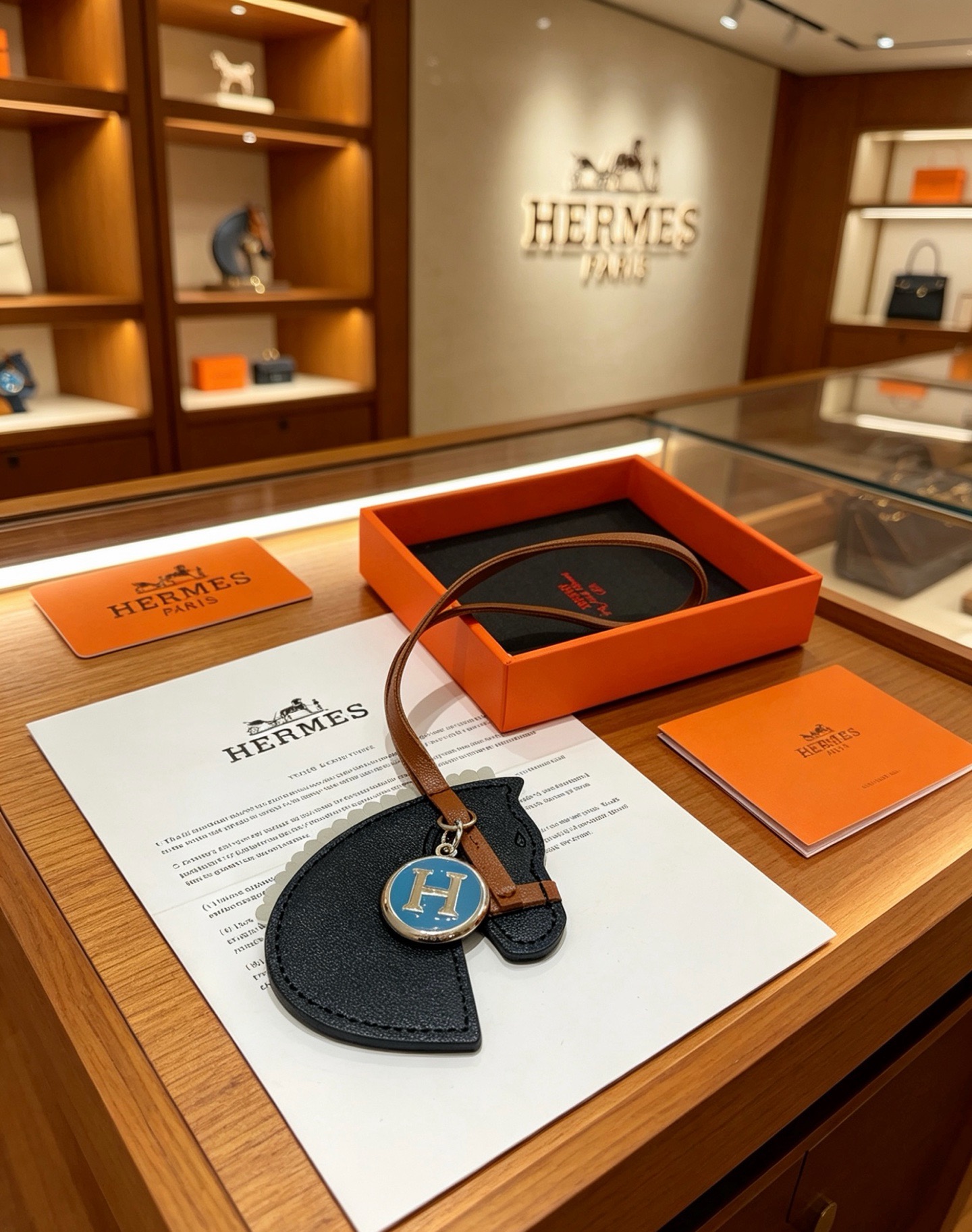 Ciondolo per borsa Hermes Cheval con testa di cavallo con pendente a medaglione con logo H Pelle grigio chiaro marrone chiaro con metallo argentato e logo H in smalto blu Lunghezza cinturino in pelle 12 cm