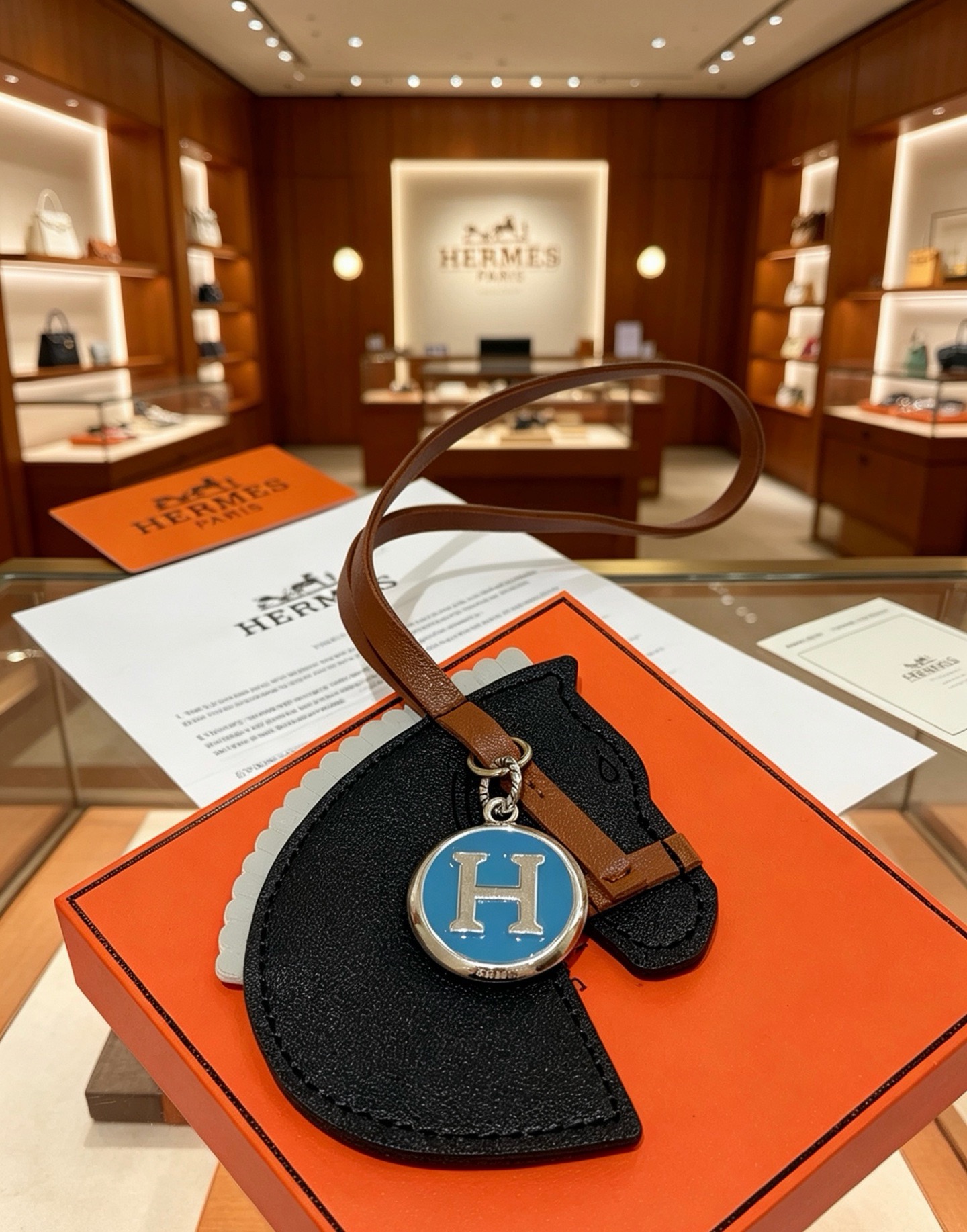 Ciondolo per borsa Hermes Cheval con testa di cavallo con pendente a medaglione con logo H Pelle grigio chiaro marrone chiaro con metallo argentato e logo H in smalto blu Lunghezza cinturino in pelle 12 cm