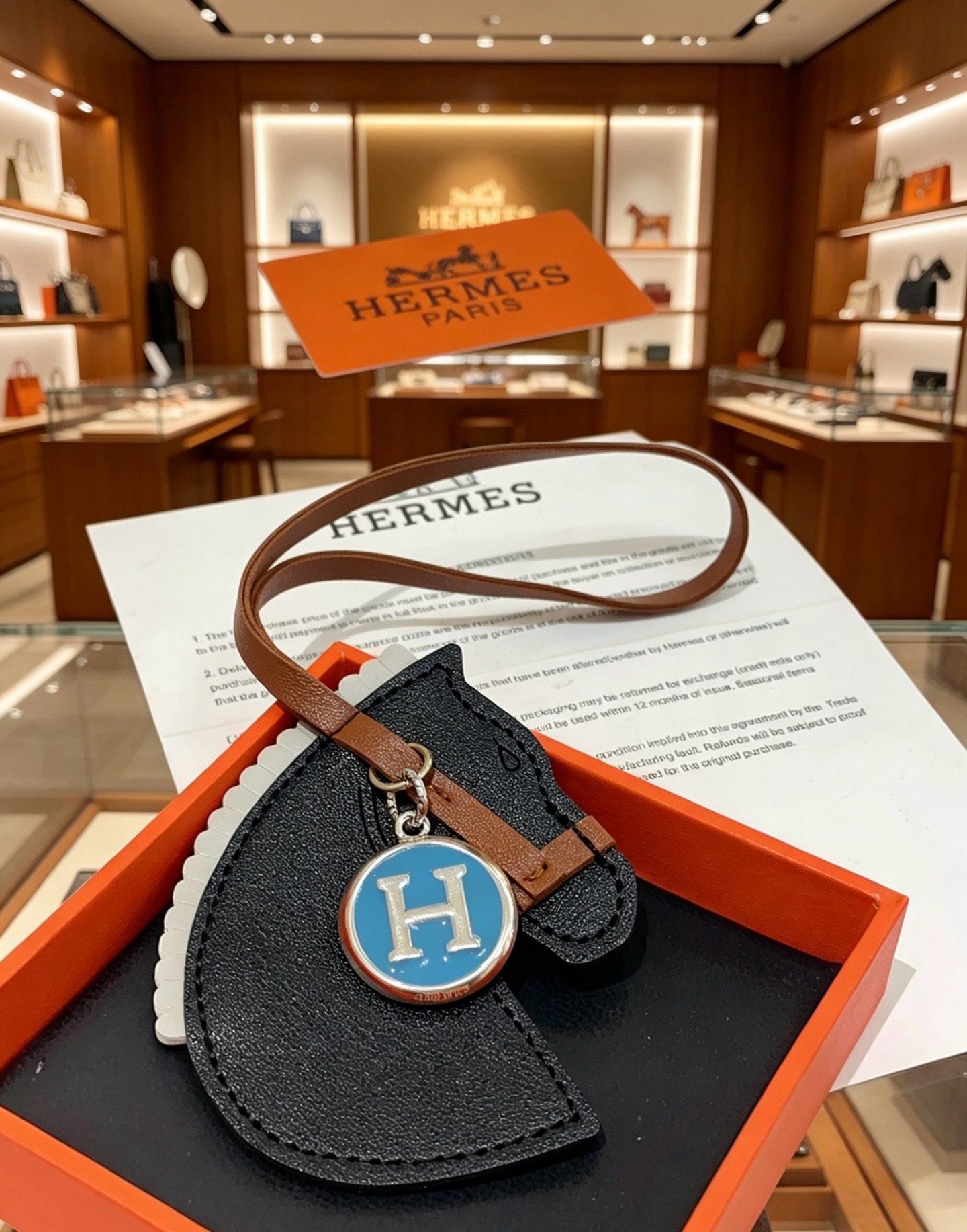 Ciondolo per borsa Hermes Cheval con testa di cavallo con pendente a medaglione con logo H Pelle grigio chiaro marrone chiaro con metallo argentato e logo H in smalto blu Lunghezza cinturino in pelle 12 cm