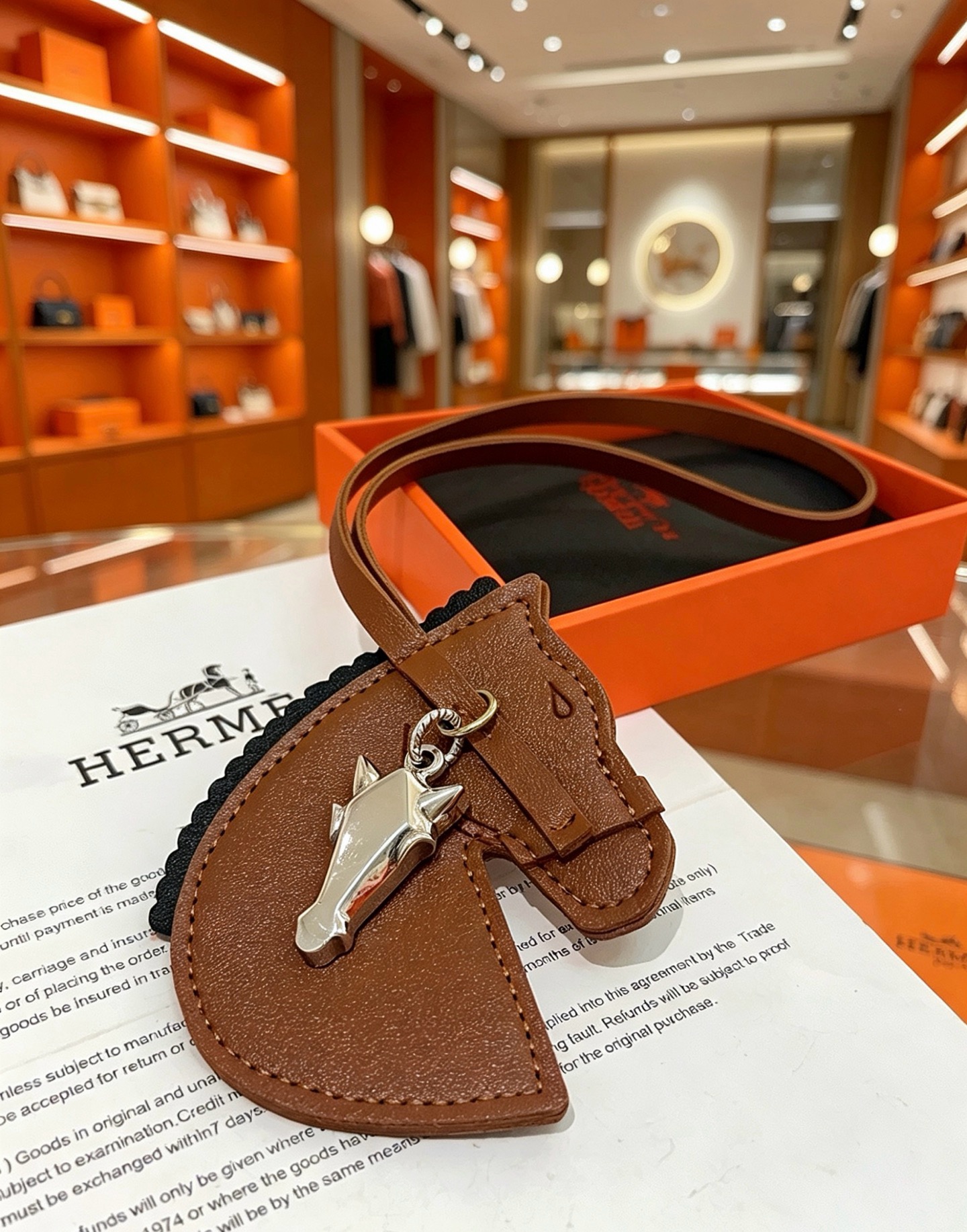 Hermes Geegee Horse Head Bag Charm colgante de cuero marrón con adornos negros, herrajes de metal en tono plateado, longitud de la correa de 12 cm