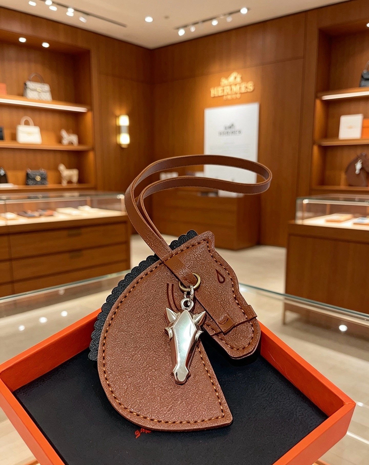 Hermes Geegee Horse Head Bag Charm colgante de cuero marrón con adornos negros, herrajes de metal en tono plateado, longitud de la correa de 12 cm