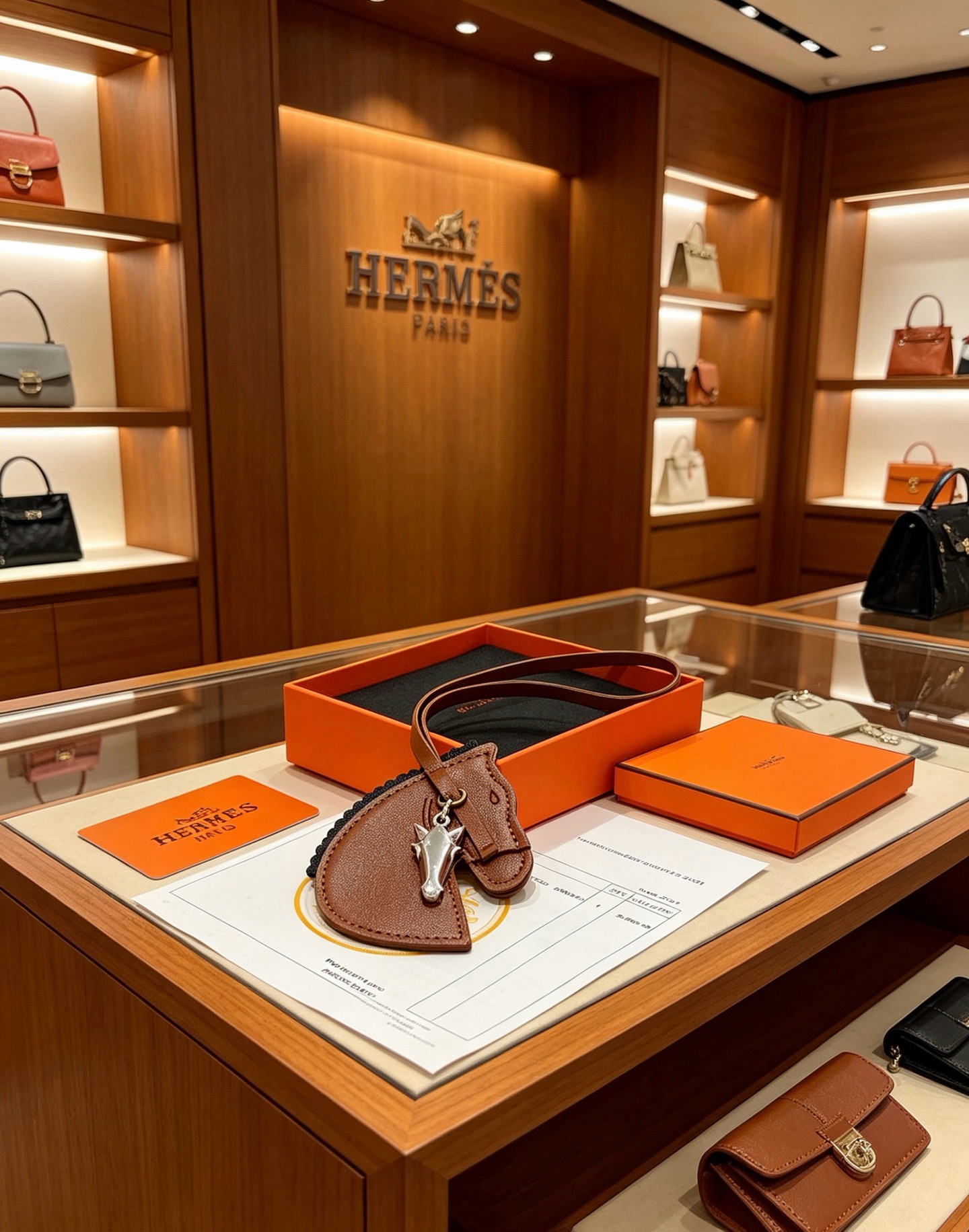 Hermes Geegee Horse Head Bag Charm colgante de cuero marrón con adornos negros, herrajes de metal en tono plateado, longitud de la correa de 12 cm