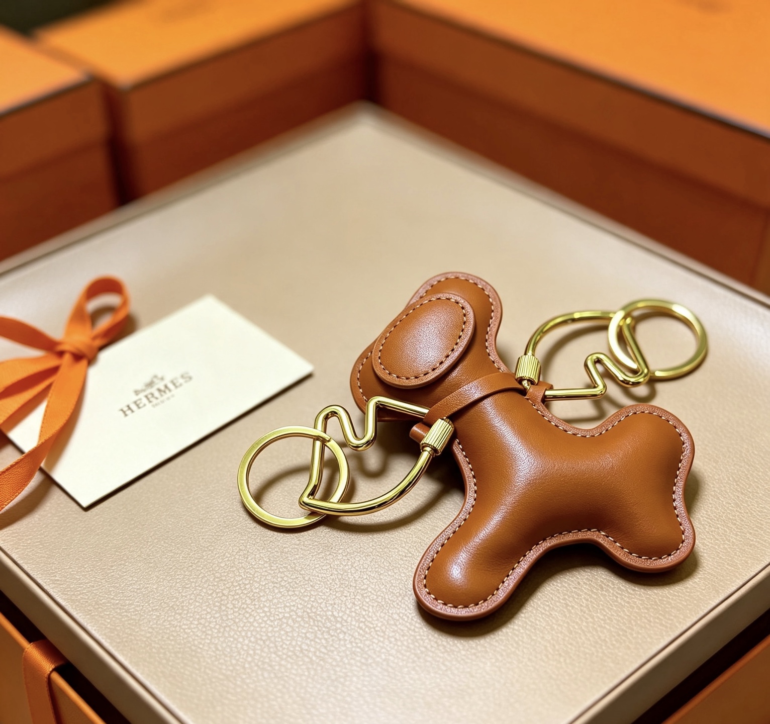 Ciondolo Hermes Buddy Dog in pelle, metallo tono oro, pelle liscia marrone chiaro, diametro portachiavi, lunghezza ciondolo 8 cm