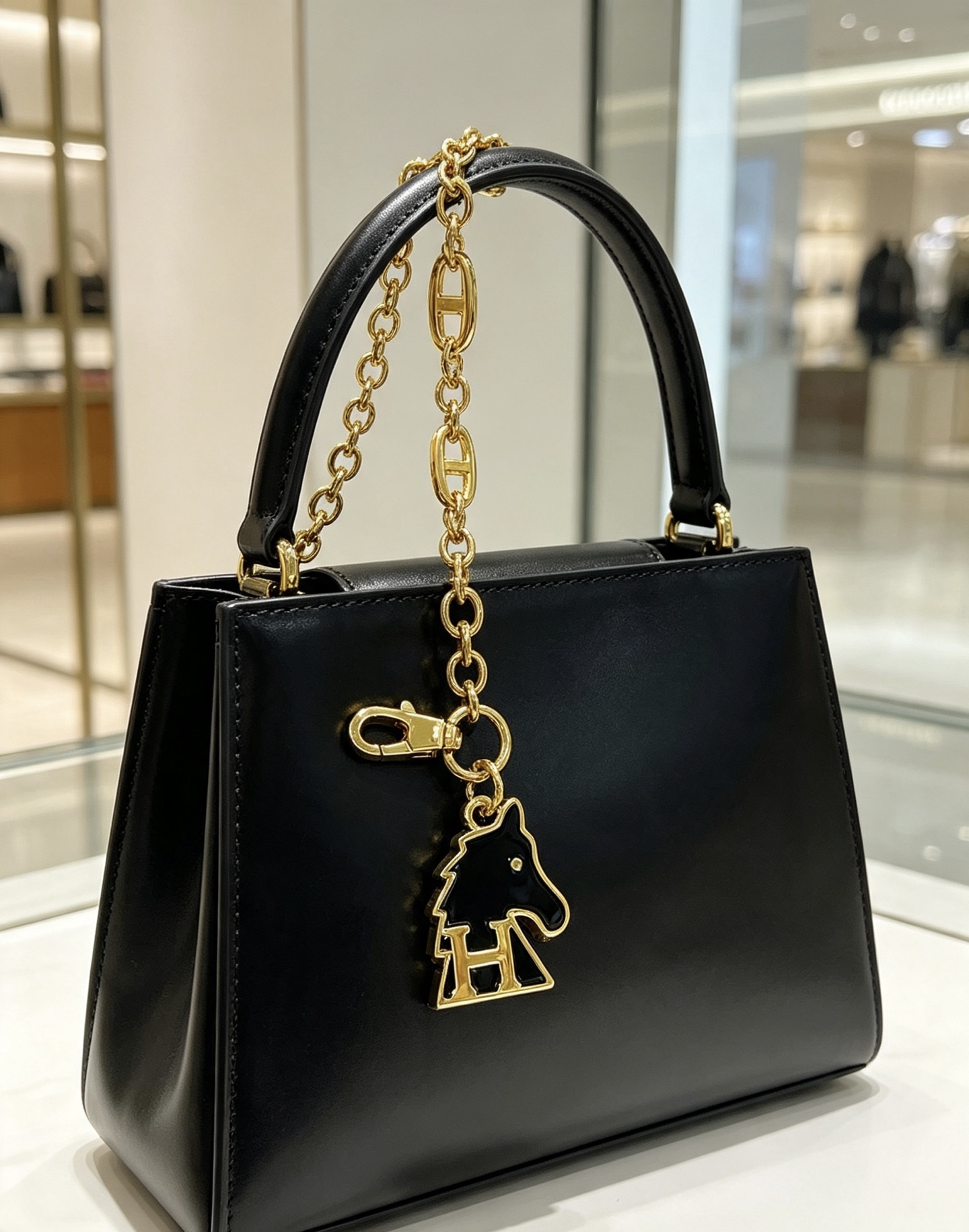 Hermes Cheval H Bag Charm Ciondolo a catena in metallo color oro con smalto nero, lunghezza della catena di 16 cm