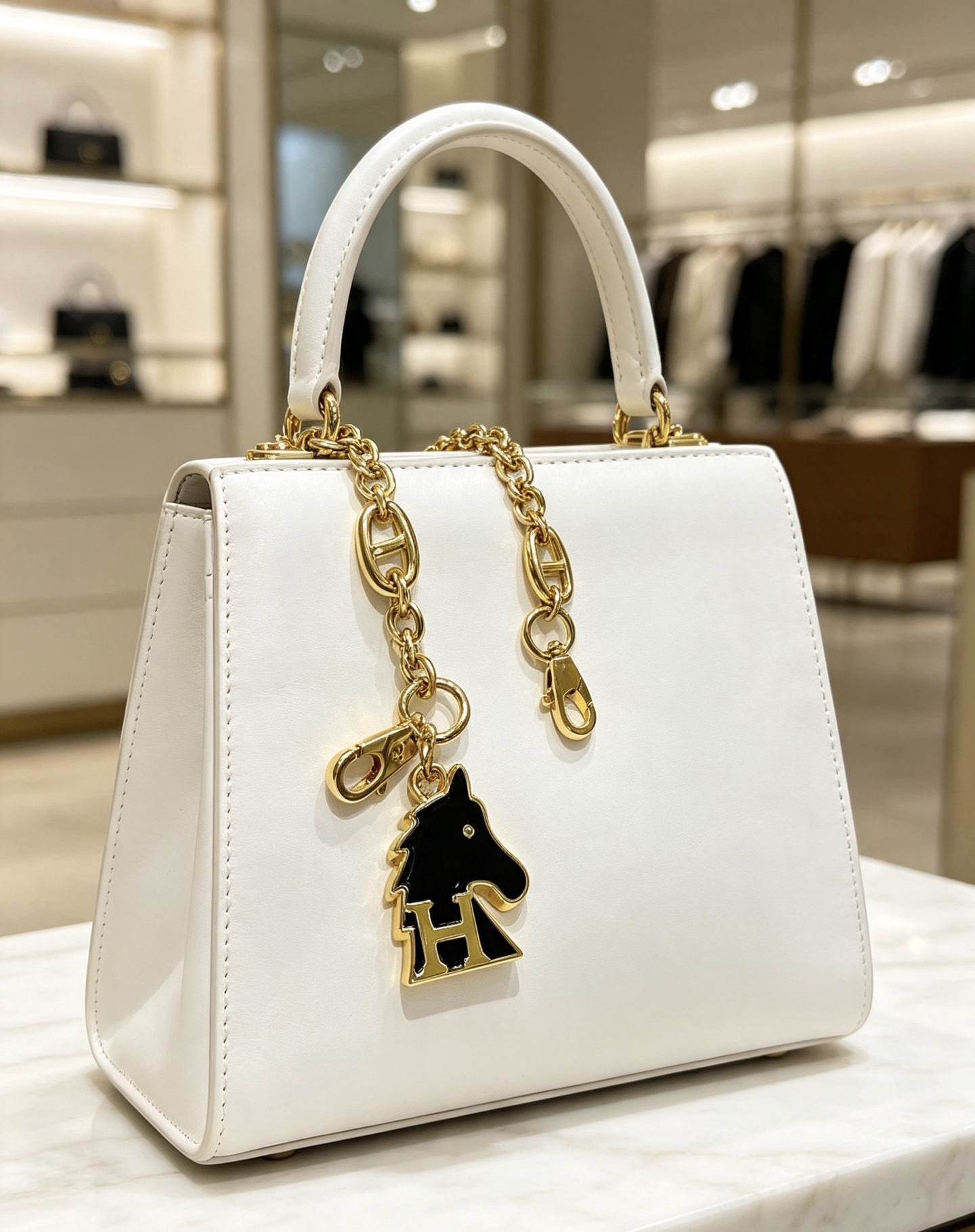 Hermes Cheval H Bag Charm Ciondolo a catena in metallo color oro con smalto nero, lunghezza della catena di 16 cm