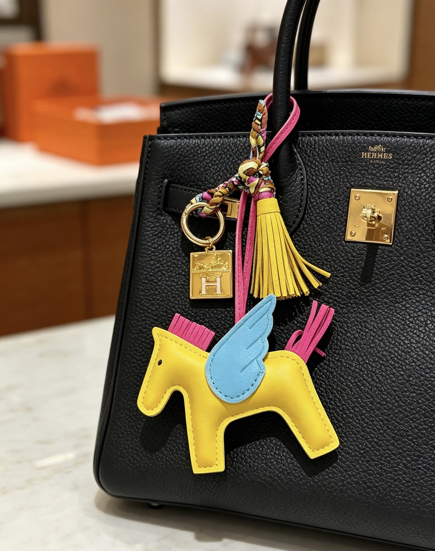 Ciondolo Hermes Rodeo Pegase Charm Pelle di agnello gialla con ali azzurre coda di criniera fucsia Logo H color oro hardware accento twilly di seta multicolore nappa in pelle gialla 8 cm