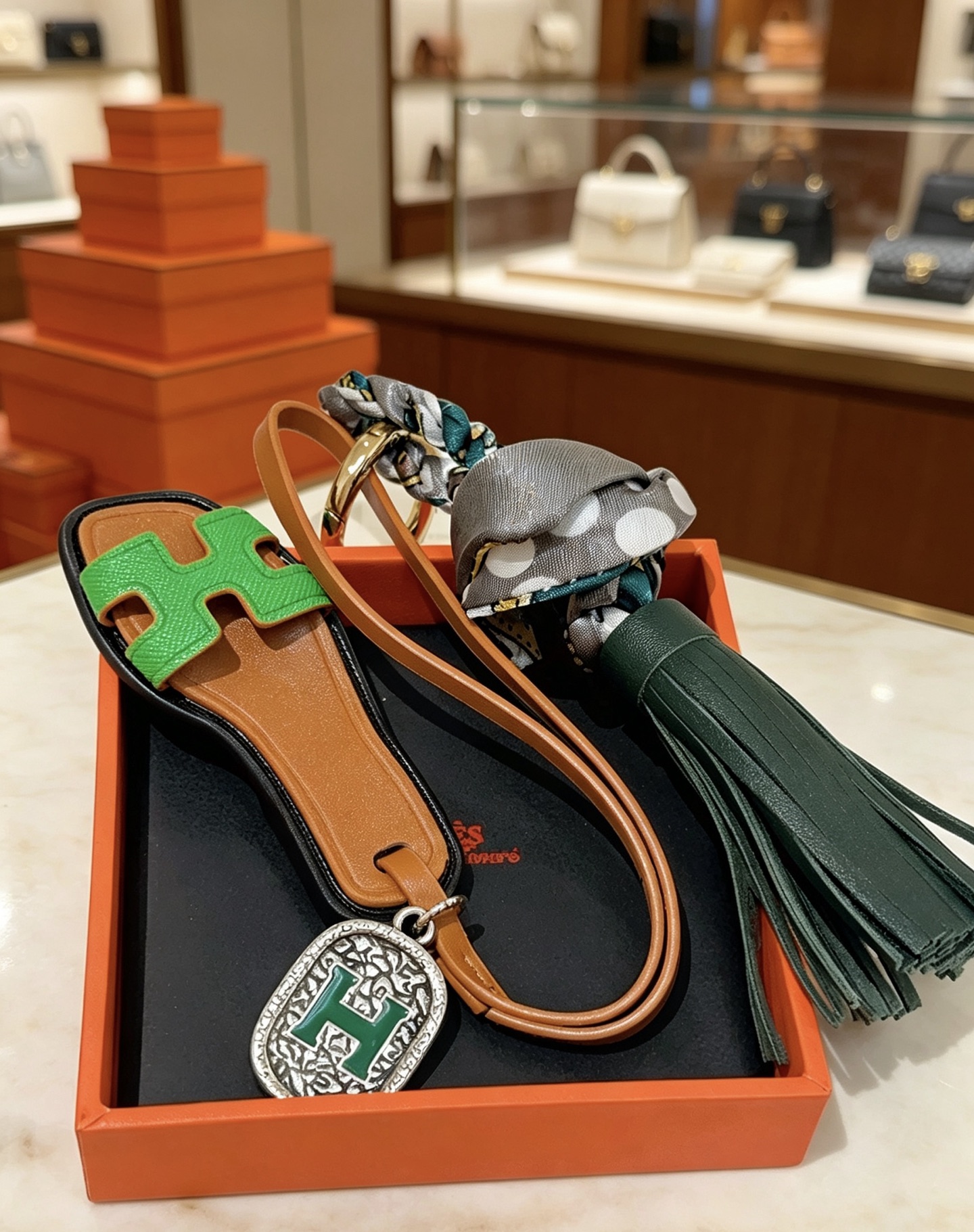 Hermes Oran Sandalo Borsa con nappa Ciondolo con ciondolo Metallo color oro pelle marrone chiaro pelle verde brillante pelle verde scuro seta a pois grigi metallo argentato con smalto verde Dettaglio H 12 cm lunghezza totale