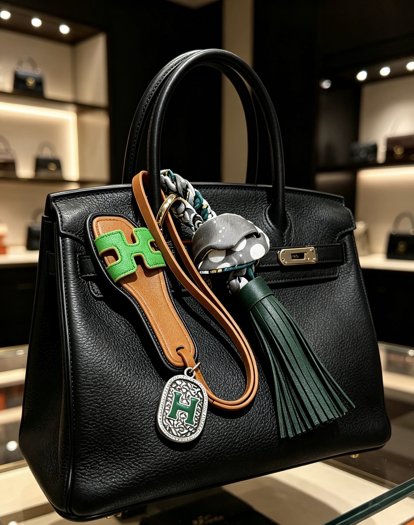 Hermes Oran Sandalo Borsa con nappa Ciondolo con ciondolo Metallo color oro pelle marrone chiaro pelle verde brillante pelle verde scuro seta a pois grigi metallo argentato con smalto verde Dettaglio H 12 cm lunghezza totale