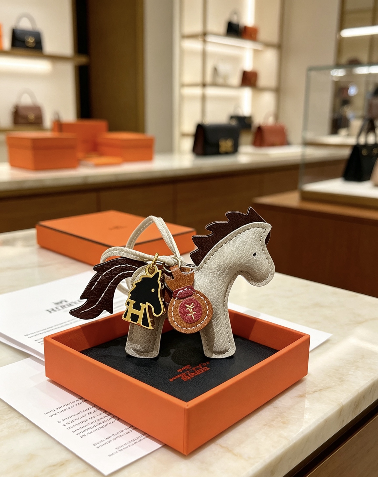 Ciondolo Hermes Rodeo Pegase Horse Bag Charm in pelle grigio chiaro con coda di criniera in pelle marrone scuro, sella in pelle marrone chiaro, hardware in metallo color oro, smalto nero, H cavallo, ciondolo per borsa di denaro in pelle bordeaux, ciondolo da 8 cm con cinturino in pelle da 12 cm.
