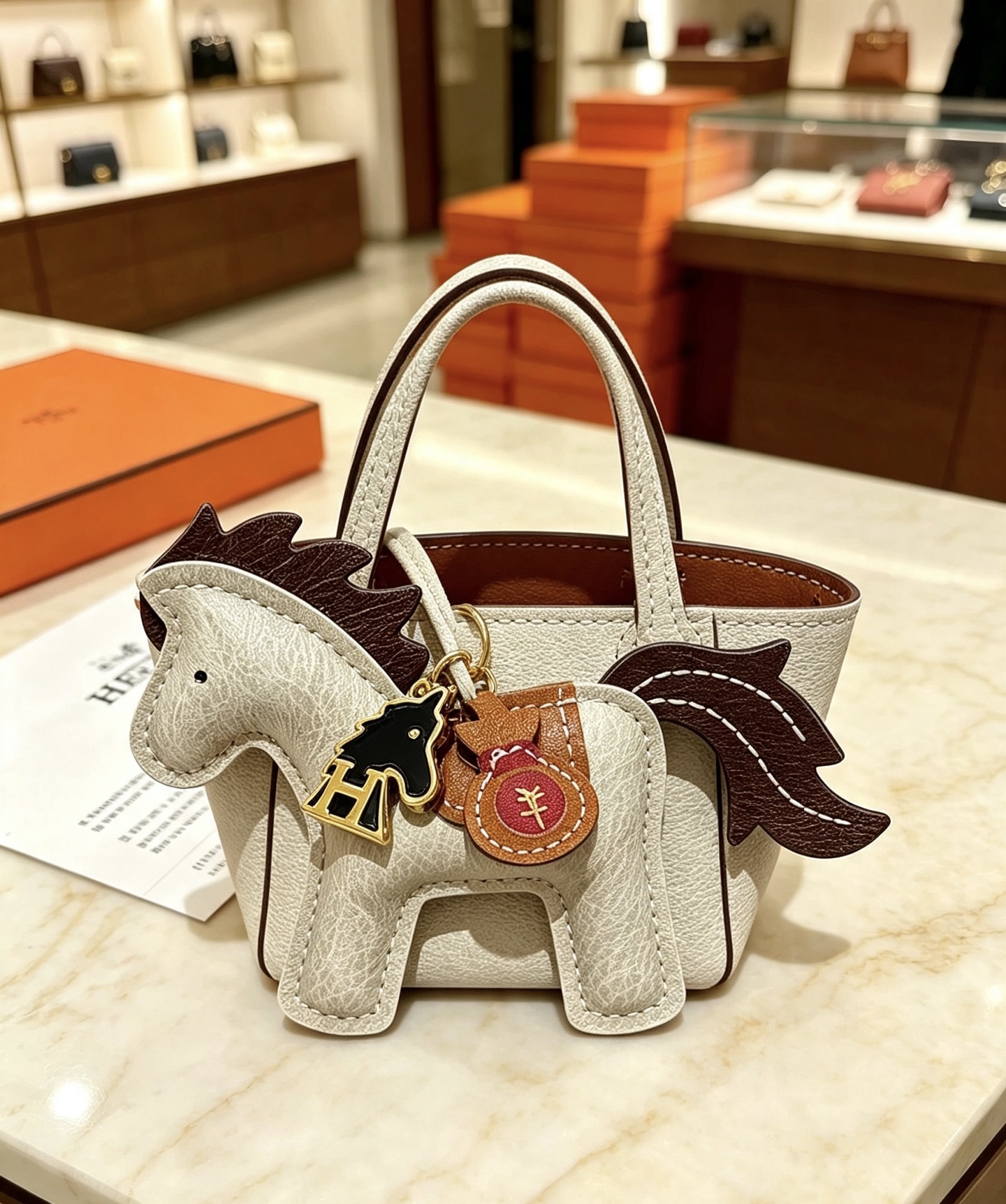 Ciondolo Hermes Rodeo Pegase Horse Bag Charm in pelle grigio chiaro con coda di criniera in pelle marrone scuro, sella in pelle marrone chiaro, hardware in metallo color oro, smalto nero, H cavallo, ciondolo per borsa di denaro in pelle bordeaux, ciondolo da 8 cm con cinturino in pelle da 12 cm.