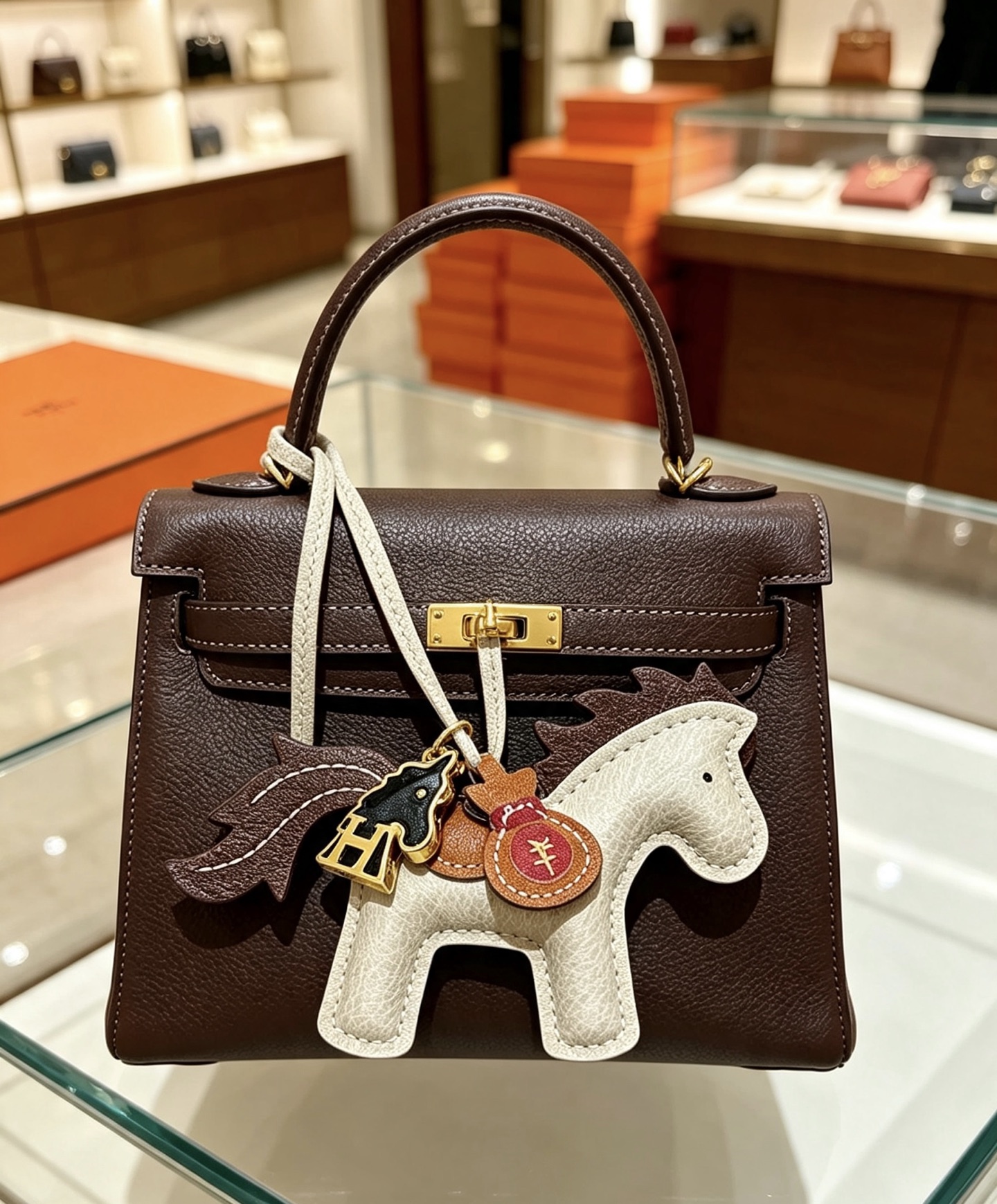 Ciondolo Hermes Rodeo Pegase Horse Bag Charm in pelle grigio chiaro con coda di criniera in pelle marrone scuro, sella in pelle marrone chiaro, hardware in metallo color oro, smalto nero, H cavallo, ciondolo per borsa di denaro in pelle bordeaux, ciondolo da 8 cm con cinturino in pelle da 12 cm.