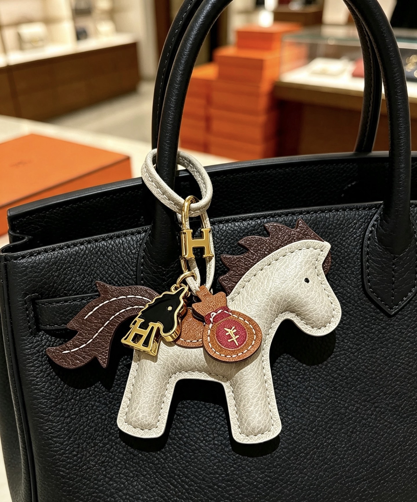 Ciondolo Hermes Rodeo Pegase Horse Bag Charm in pelle grigio chiaro con coda di criniera in pelle marrone scuro, sella in pelle marrone chiaro, hardware in metallo color oro, smalto nero, H cavallo, ciondolo per borsa di denaro in pelle bordeaux, ciondolo da 8 cm con cinturino in pelle da 12 cm.