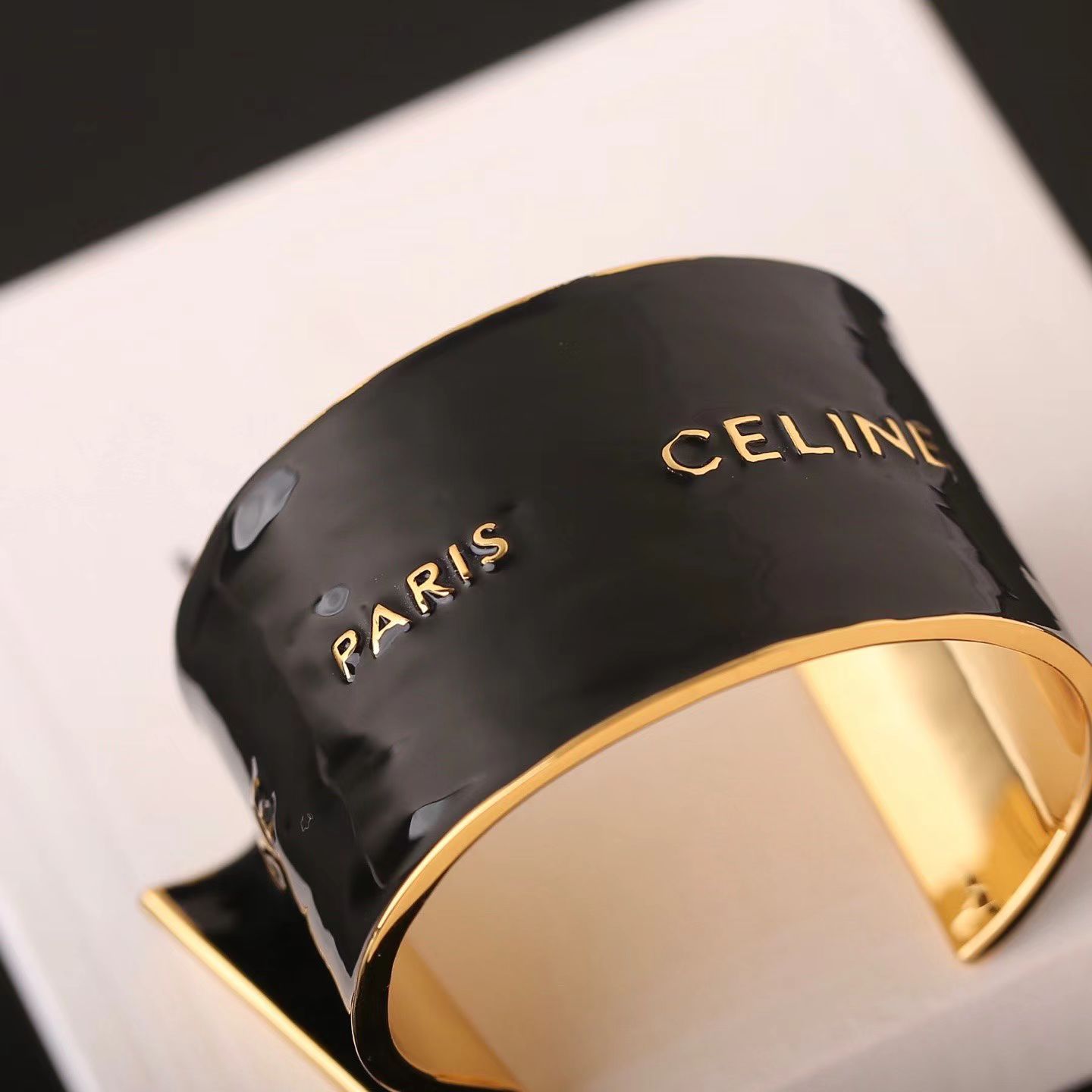 Celine Paris Logo Enamel Cuff bracelet gold-tone metal with black enamel 6cm inner diameter